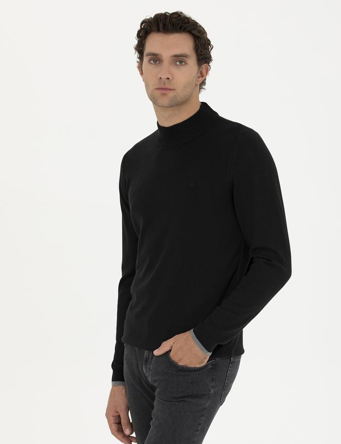 Siyah Slim Fit Pamuk Karışımlı Yarım Balıkçı Basic Triko Kazak