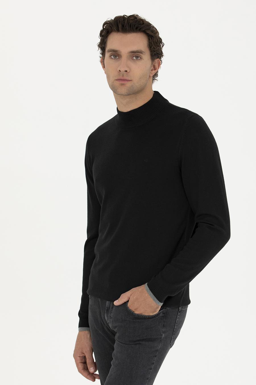 Siyah Slim Fit Pamuk Karışımlı Yarım Balıkçı Basic Triko Kazak - 50245057013