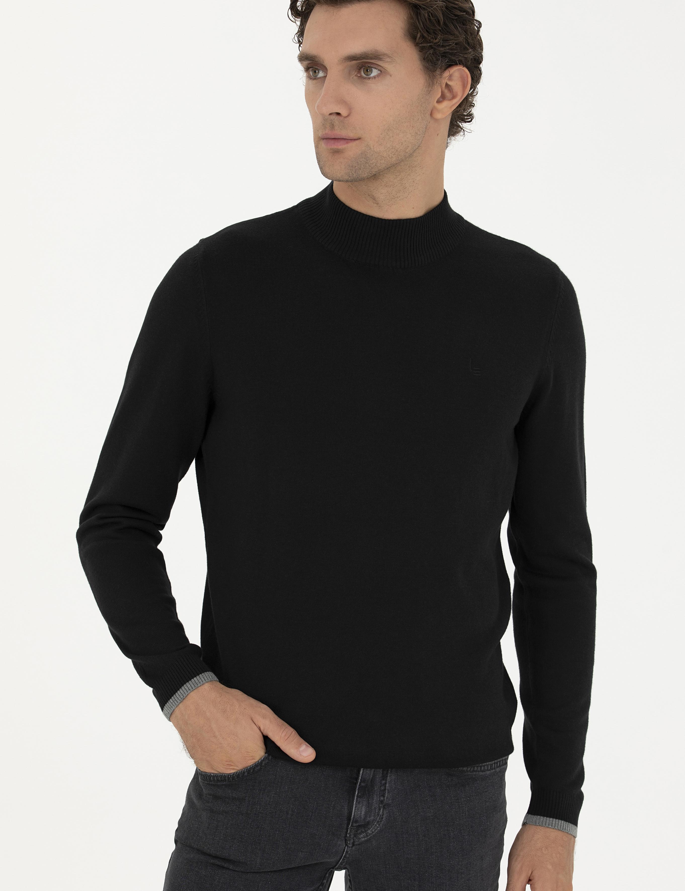Siyah Slim Fit Pamuk Karışımlı Yarım Balıkçı Basic Triko Kazak - 50245057013