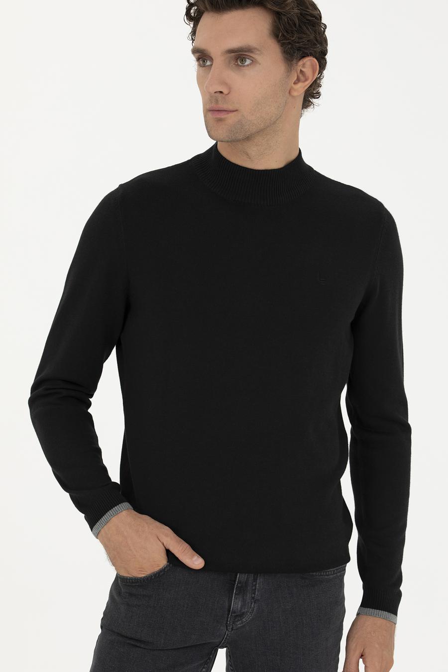 Siyah Slim Fit Pamuk Karışımlı Yarım Balıkçı Basic Triko Kazak - 50245057013