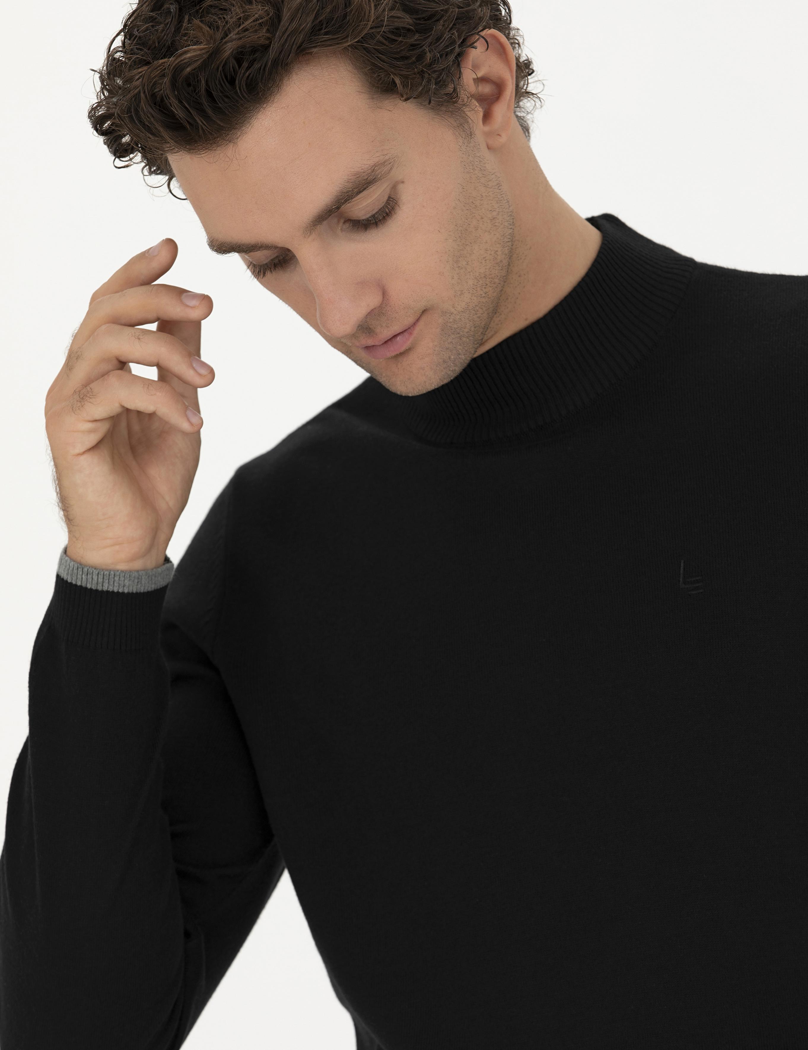 Siyah Slim Fit Pamuk Karışımlı Yarım Balıkçı Basic Triko Kazak - 50245057013