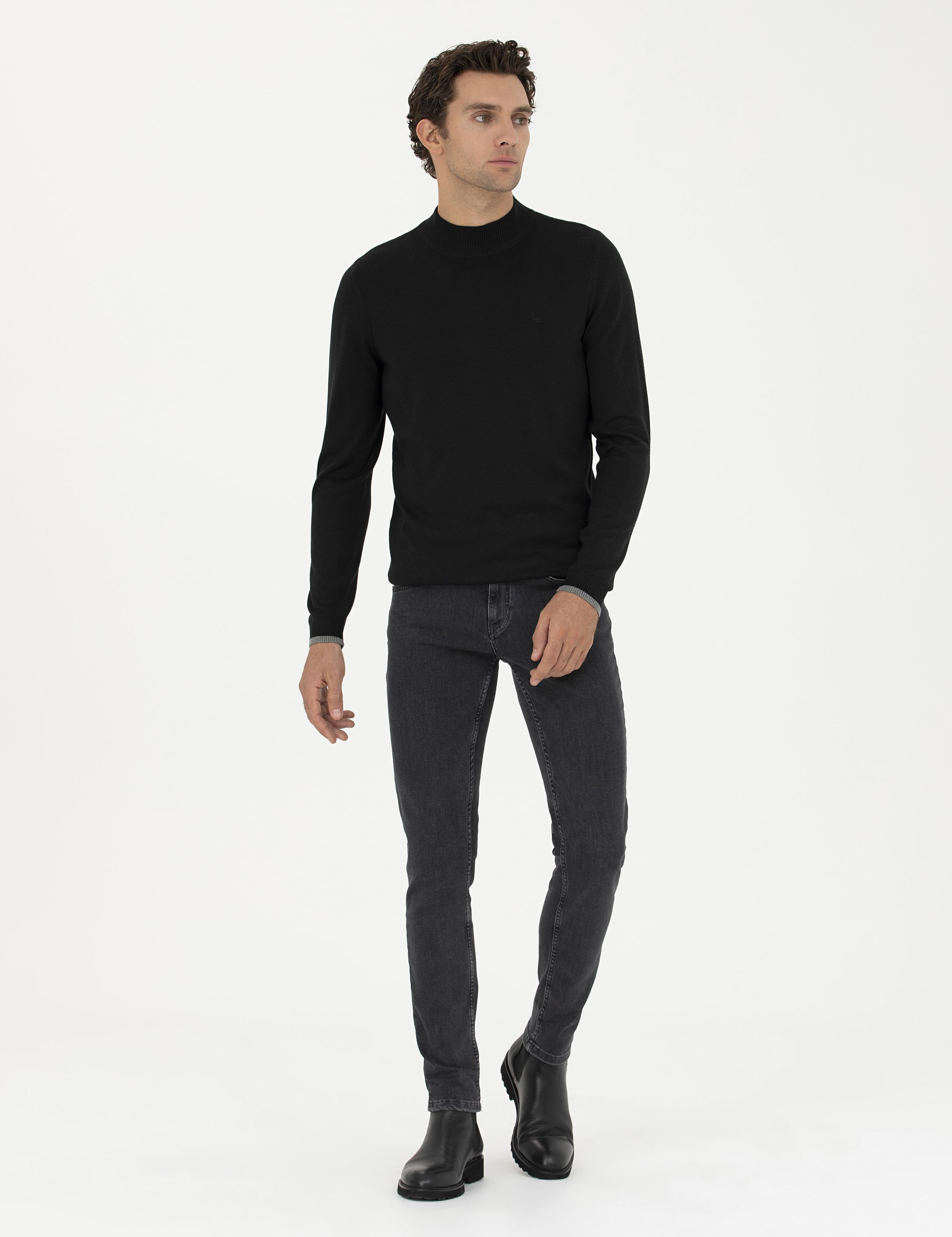 Siyah Slim Fit Pamuk Karışımlı Yarım Balıkçı Basic Triko Kazak - 50245057013