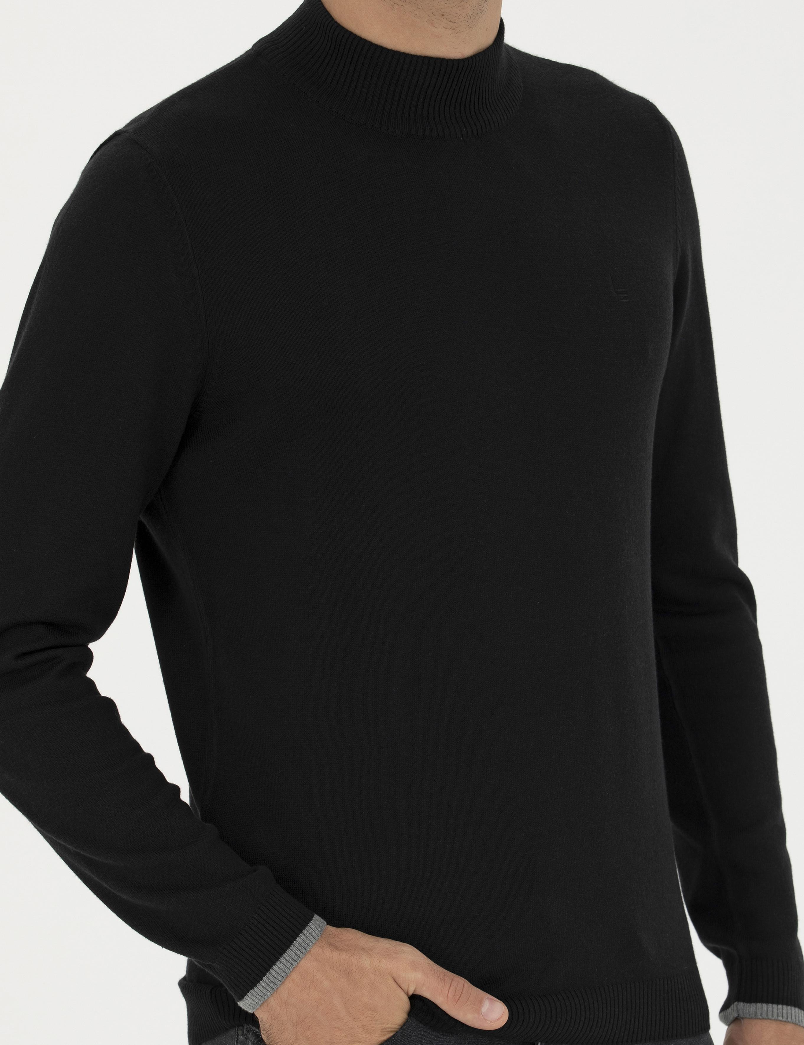 Siyah Slim Fit Pamuk Karışımlı Yarım Balıkçı Basic Triko Kazak - 50245057013