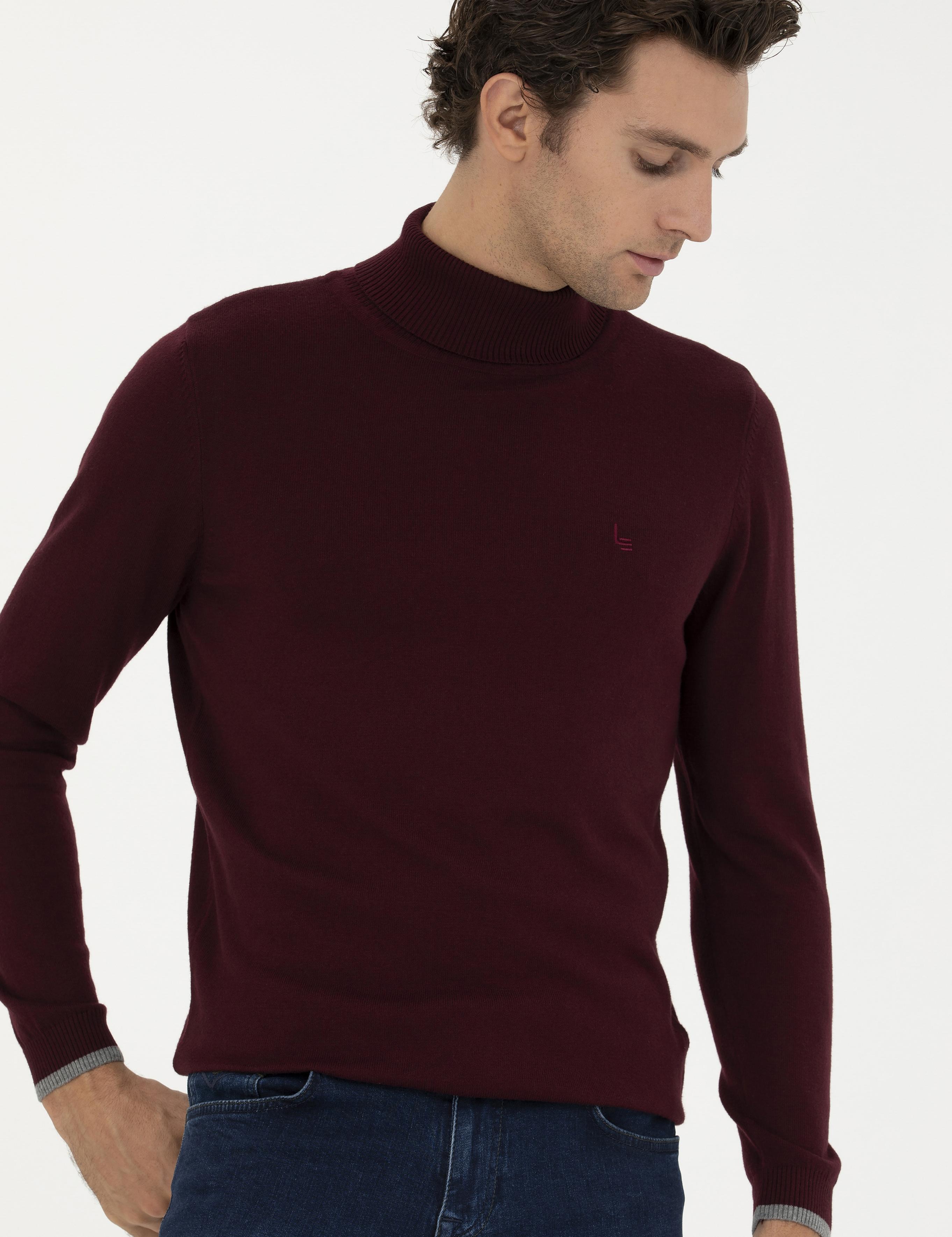 Bordo Slim Fit Pamuk Karışımlı Balıkçı Yaka Basic Triko Kazak - 50245058017