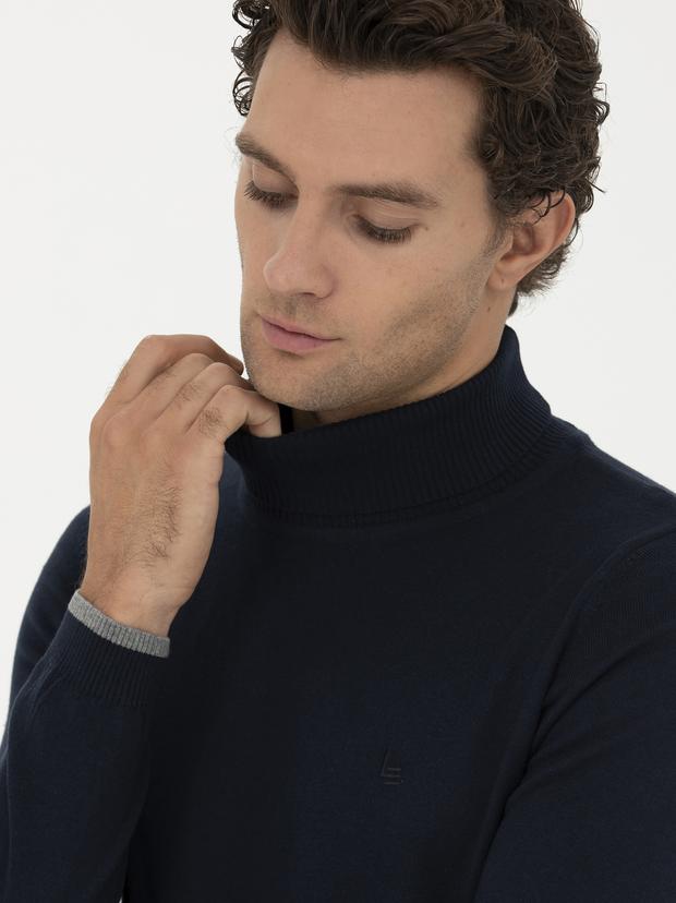 Lacivert Slim Fit Balıkçı Yaka Basic Triko Kazak