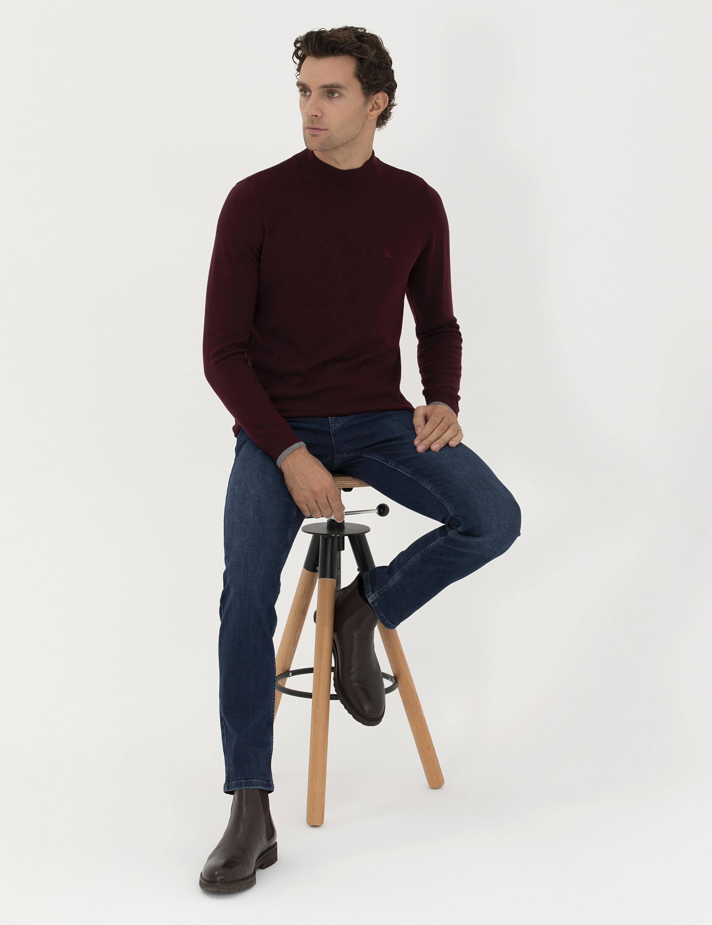 Bordo Slim Fit Yarım Balıkçı Basic Triko Kazak - 50245057022