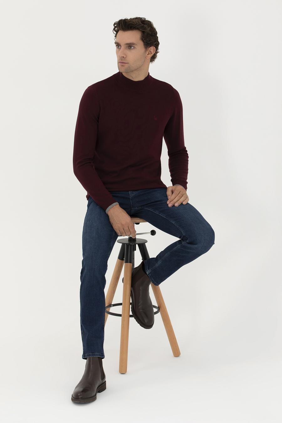 Bordo Slim Fit Yarım Balıkçı Basic Triko Kazak - 50245057022