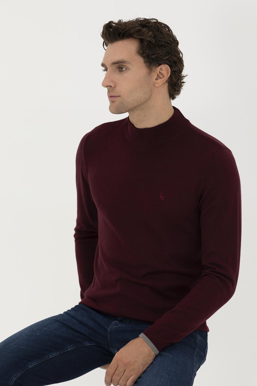 Bordo Slim Fit Yarım Balıkçı Basic Triko Kazak - 50245057022