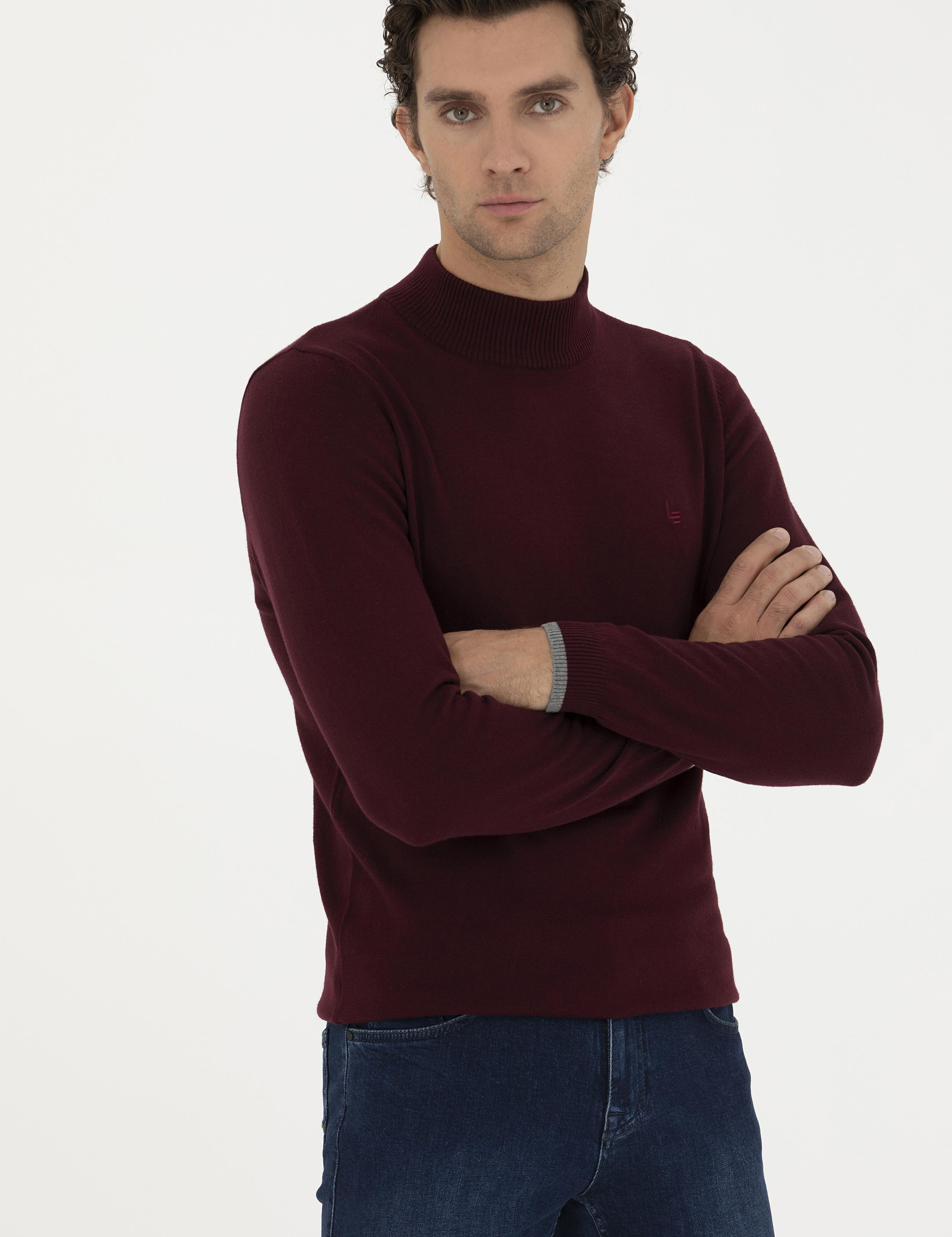 Bordo Slim Fit Yarım Balıkçı Basic Triko Kazak - 50245057022