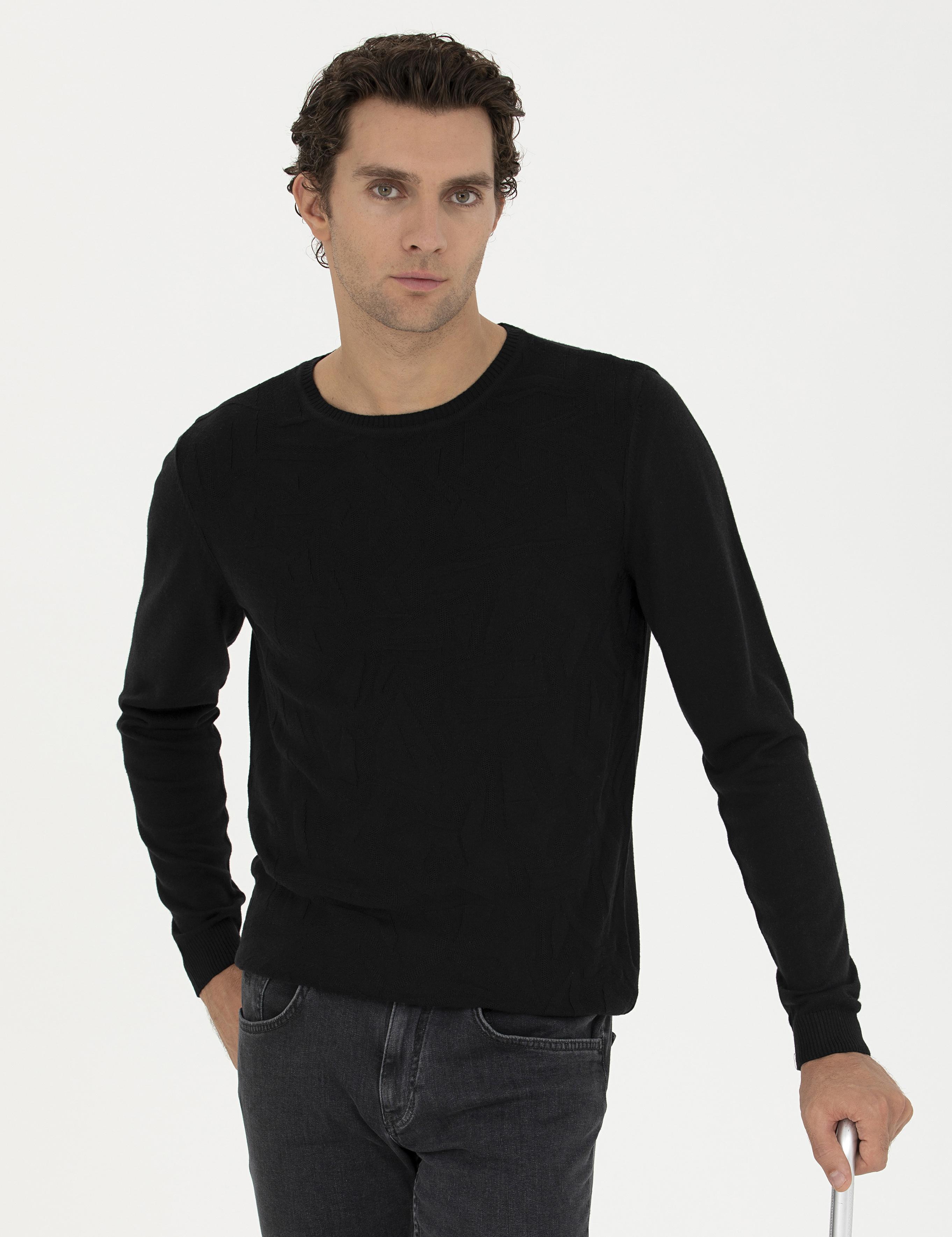 Siyah Regular Fit Pamuk Karışımlı Bisiklet Yaka Triko Kazak - 50241779033