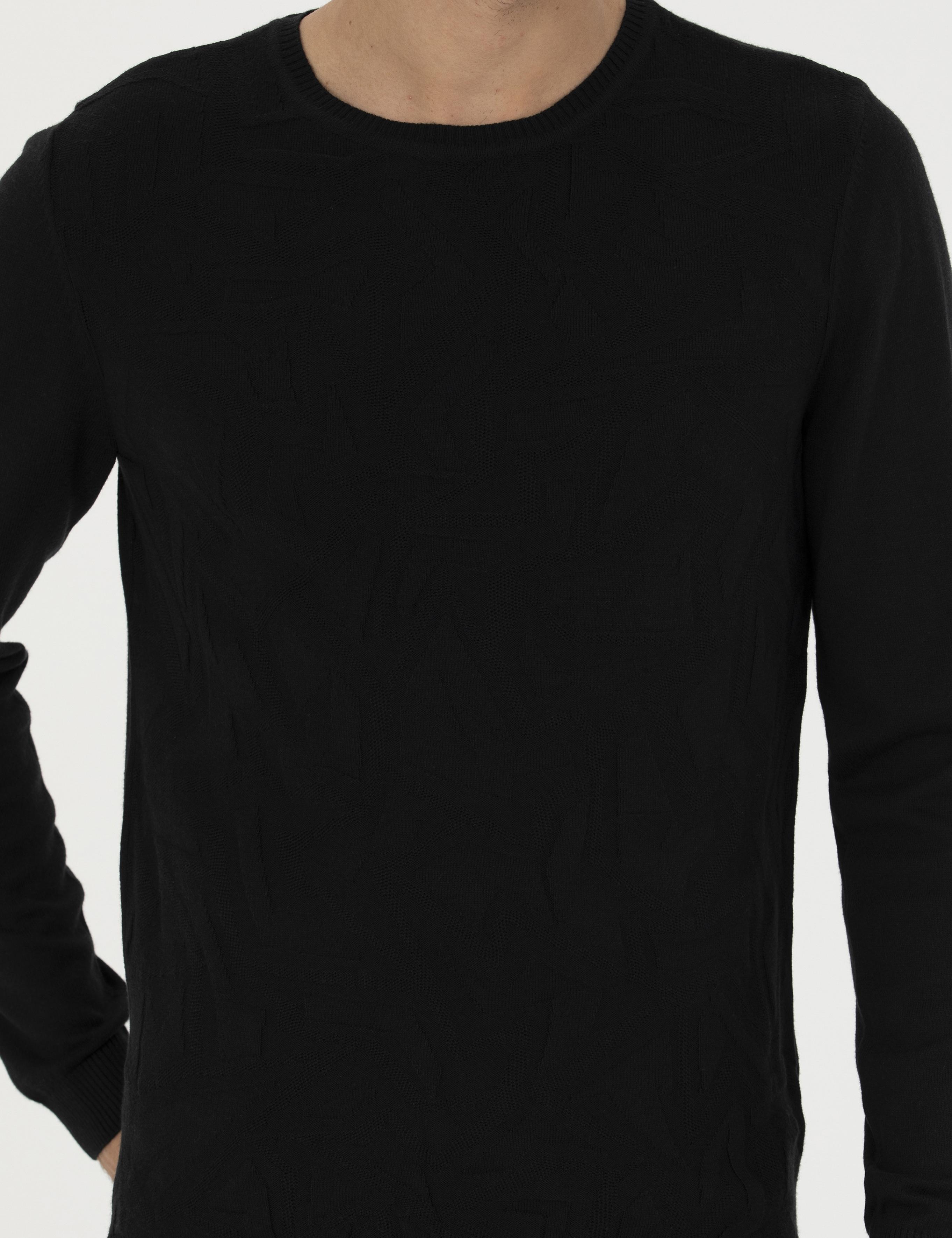 Siyah Regular Fit Pamuk Karışımlı Bisiklet Yaka Triko Kazak - 50241779033