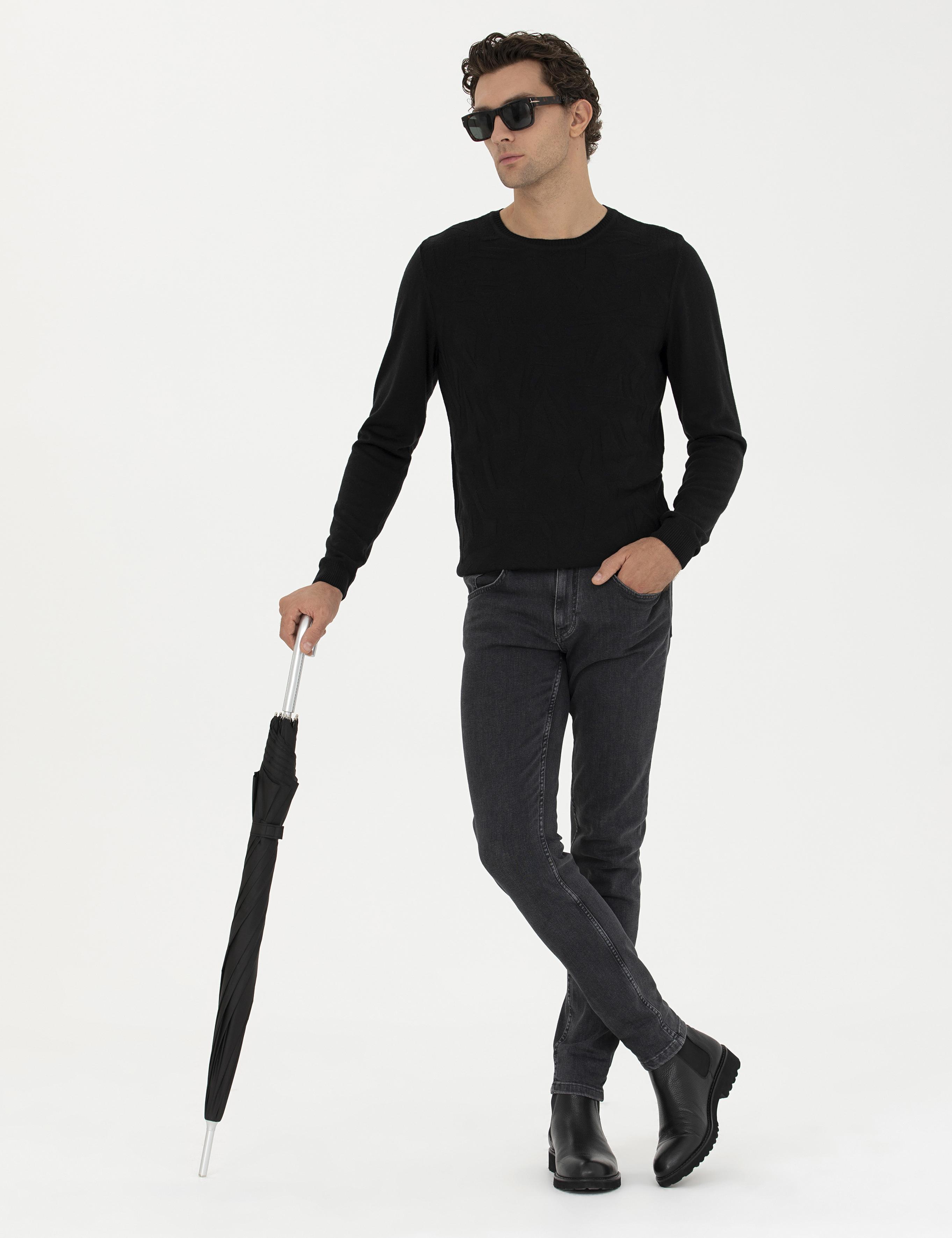 Siyah Regular Fit Pamuk Karışımlı Bisiklet Yaka Triko Kazak - 50241779033