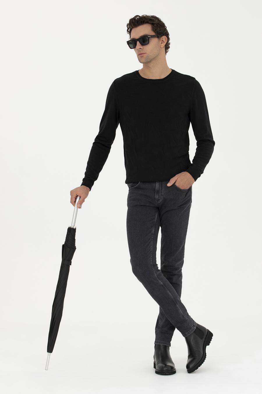 Siyah Regular Fit Pamuk Karışımlı Bisiklet Yaka Triko Kazak - 50241779033