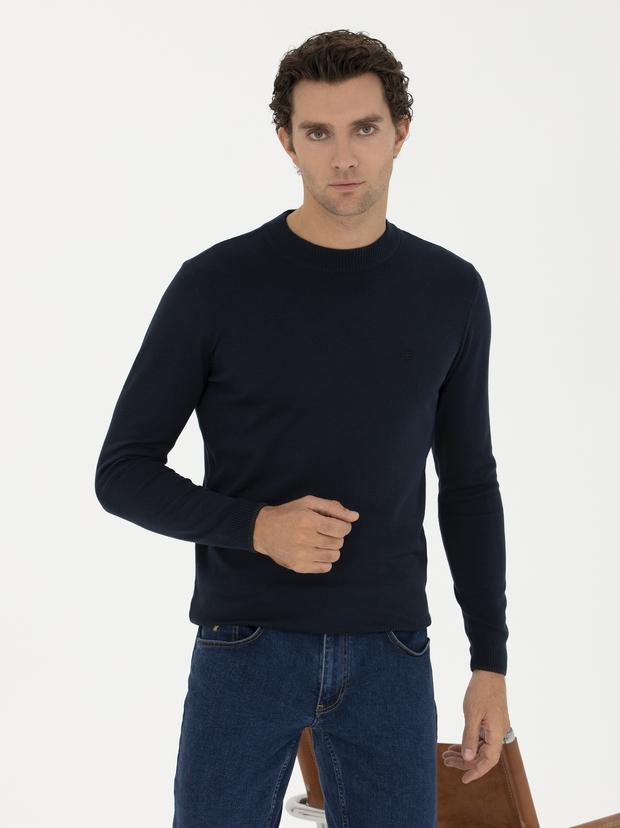 Lacivert Slim Fit Çeyrek Balıkçı Basic Triko Kazak