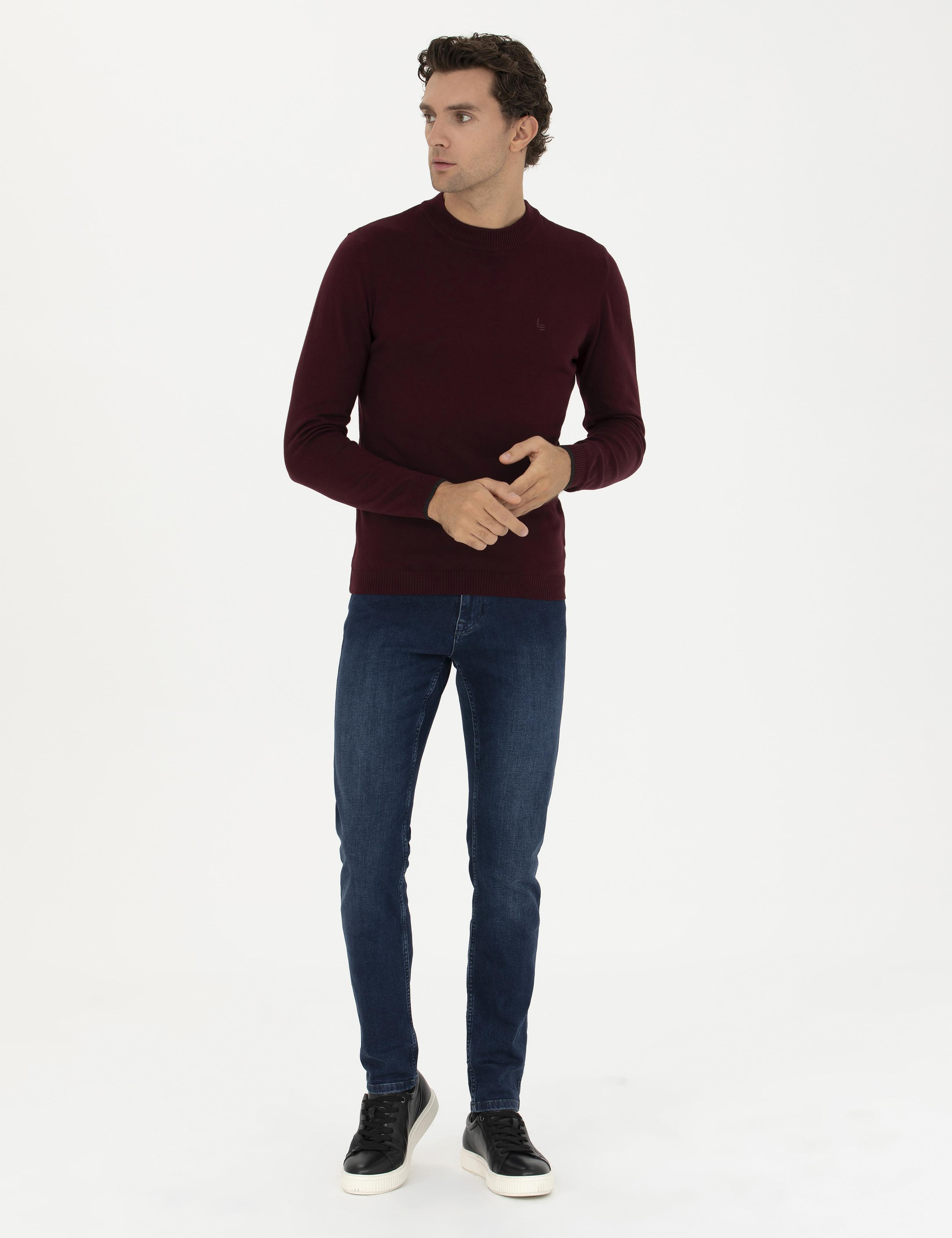 Bordo Slim Fit Yarım Çeyrek Basic Triko Kazak - 50259098022