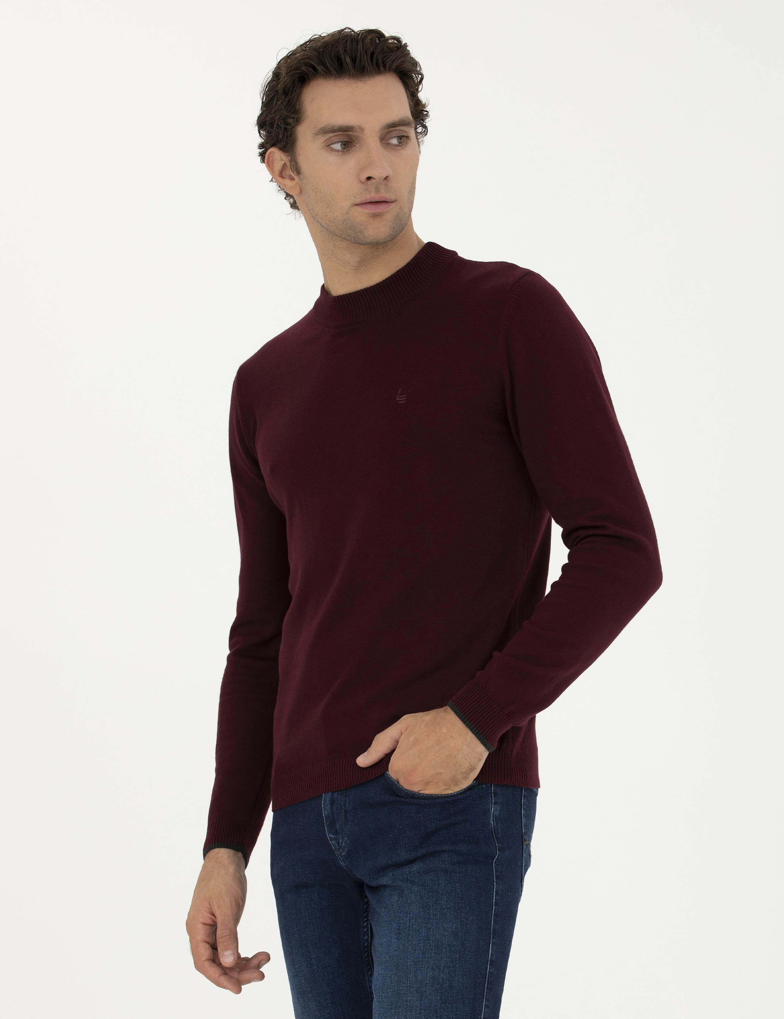 Bordo Slim Fit Yarım Çeyrek Basic Triko Kazak - 50259098022