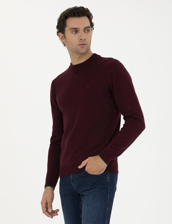 Bordo Slim Fit Yarım Çeyrek Basic Triko Kazak