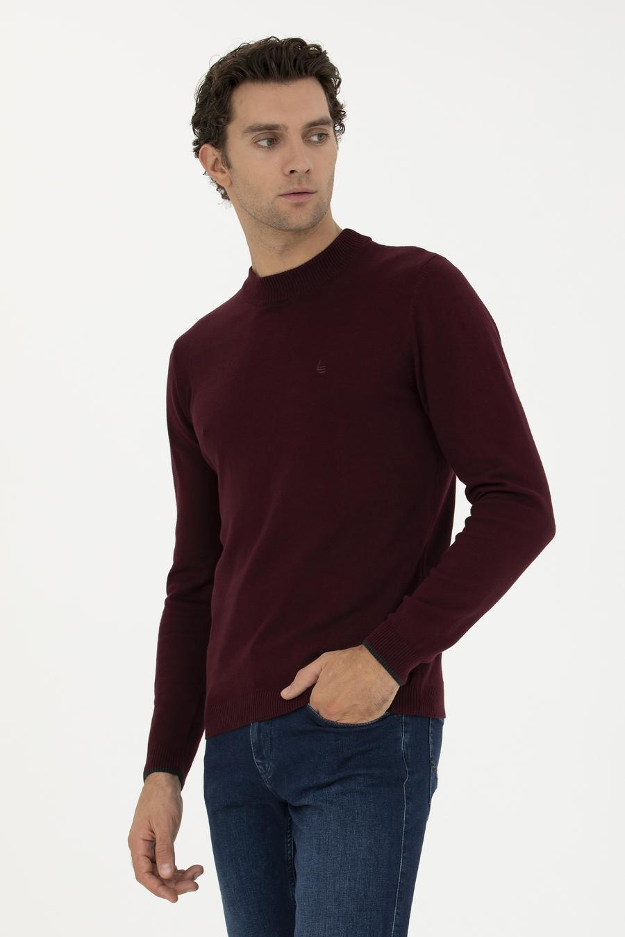 Bordo Slim Fit Yarım Çeyrek Basic Triko Kazak - 50259098022
