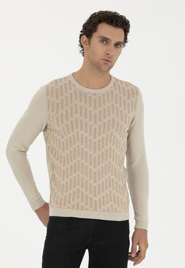 Bej Slim Fit %100 Pamuk Bisiklet Yaka Triko Kazak