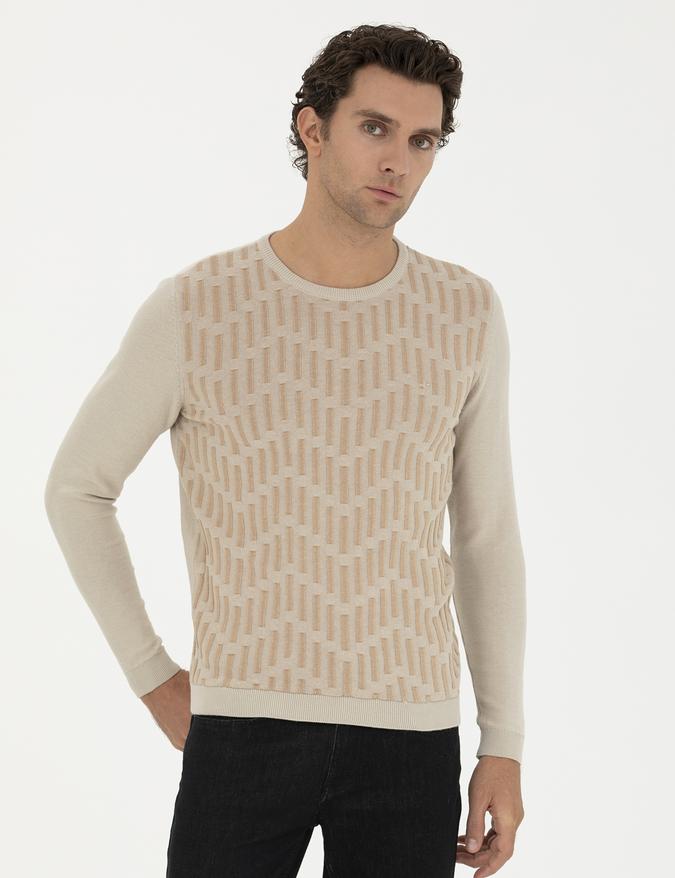 Bej Slim Fit %100 Pamuk Bisiklet Yaka Triko Kazak