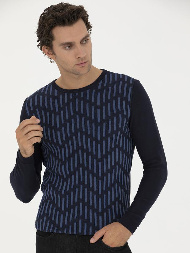 Lacivert Slim Fit %100 Pamuk Bisiklet Yaka Triko Kazak
