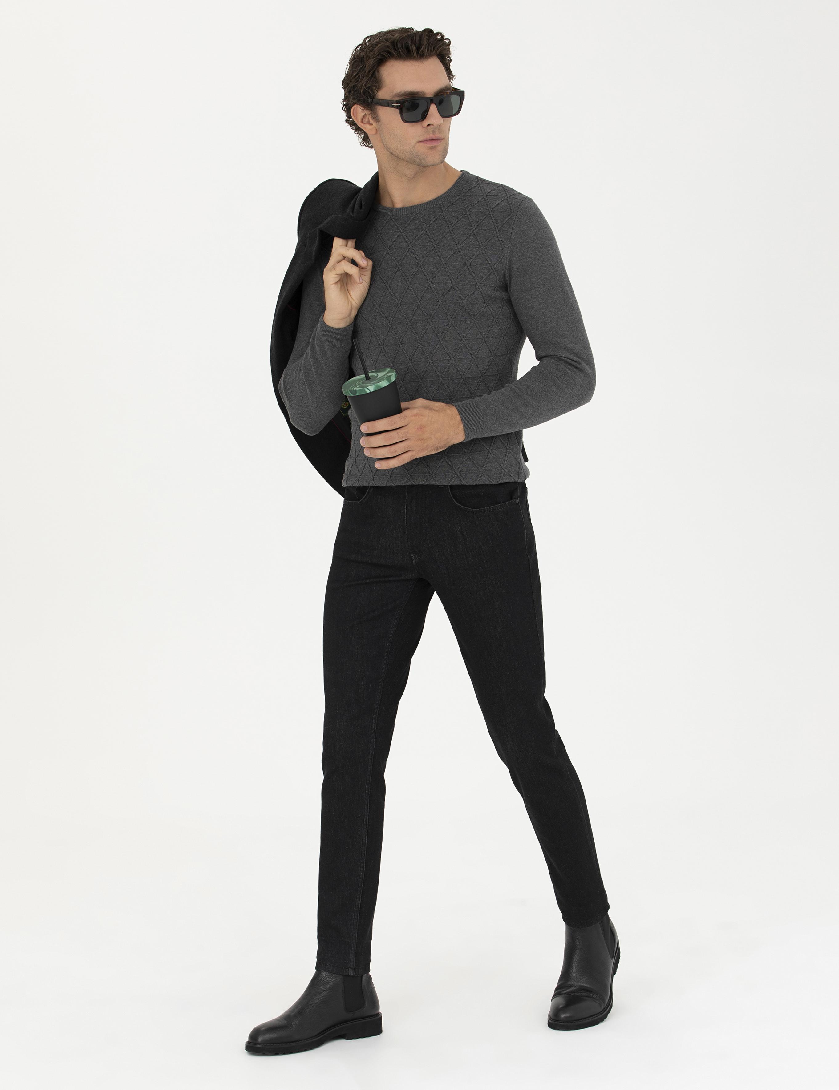 Gri Melanj Slim Fit Bisiklet Yaka Triko Kazak - 50234962031