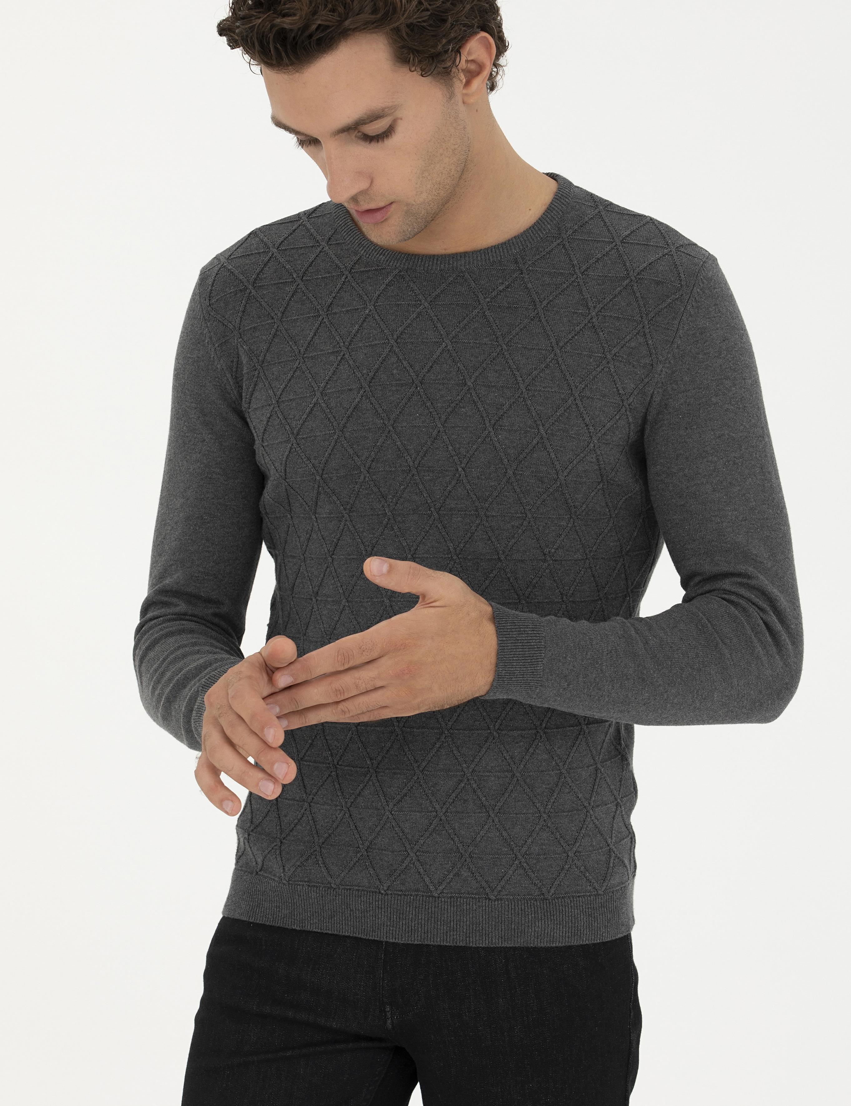 Gri Melanj Slim Fit Bisiklet Yaka Triko Kazak - 50234962031