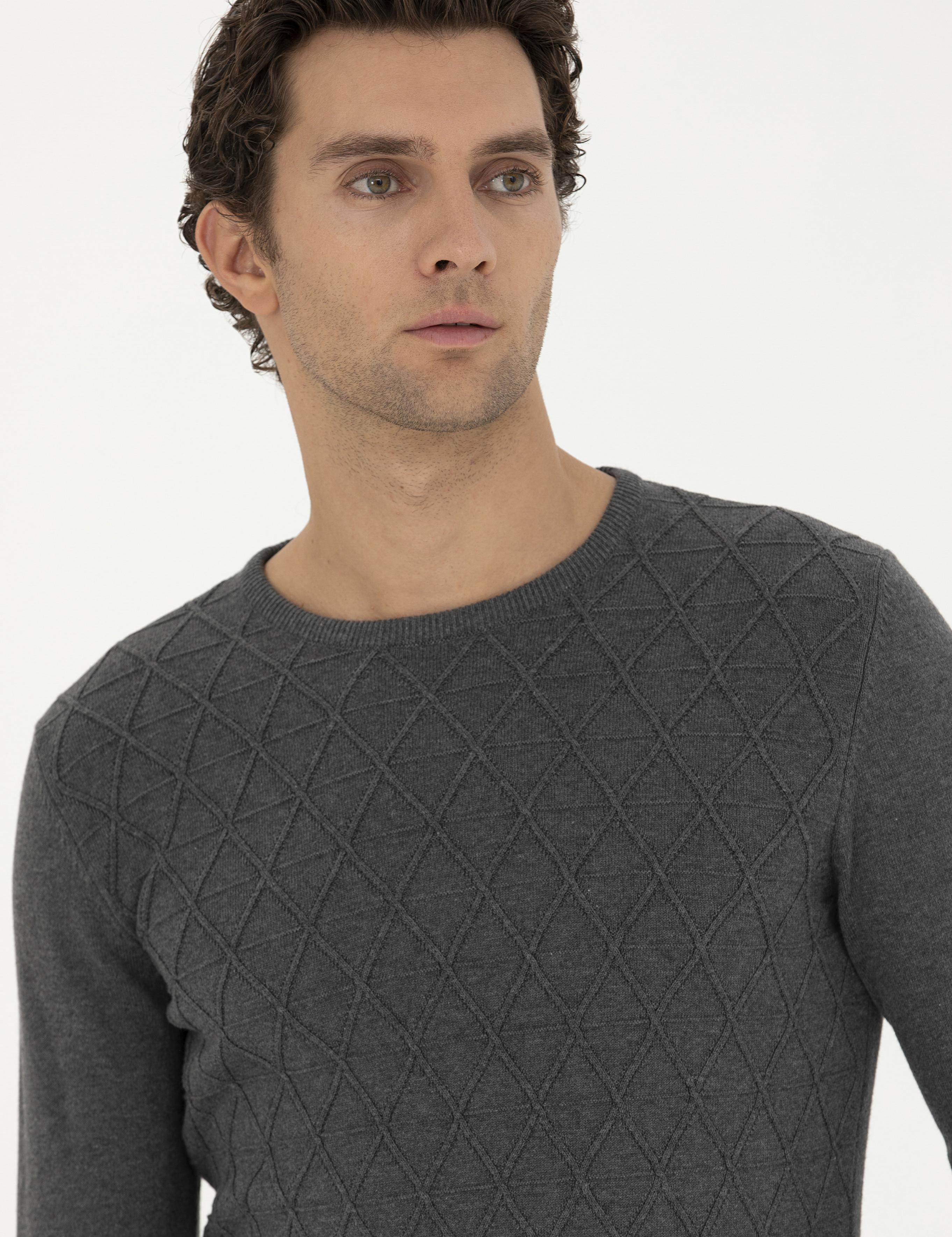 Gri Melanj Slim Fit Bisiklet Yaka Triko Kazak - 50234962031