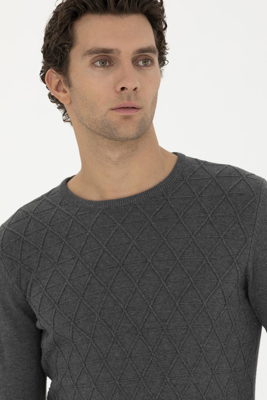 Gri Melanj Slim Fit Bisiklet Yaka Triko Kazak - 50234962031