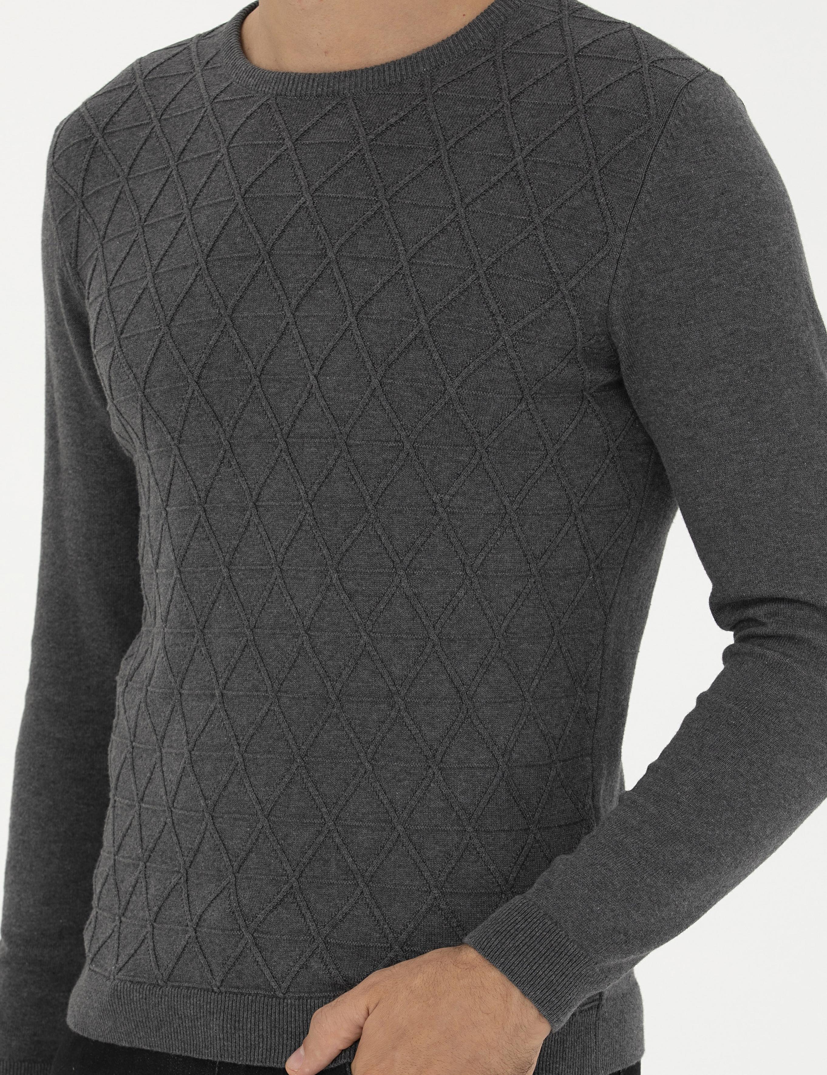 Gri Melanj Slim Fit Bisiklet Yaka Triko Kazak - 50234962031