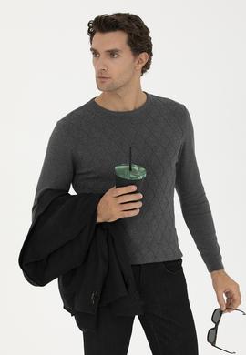 Gri Melanj Slim Fit Bisiklet Yaka Triko Kazak