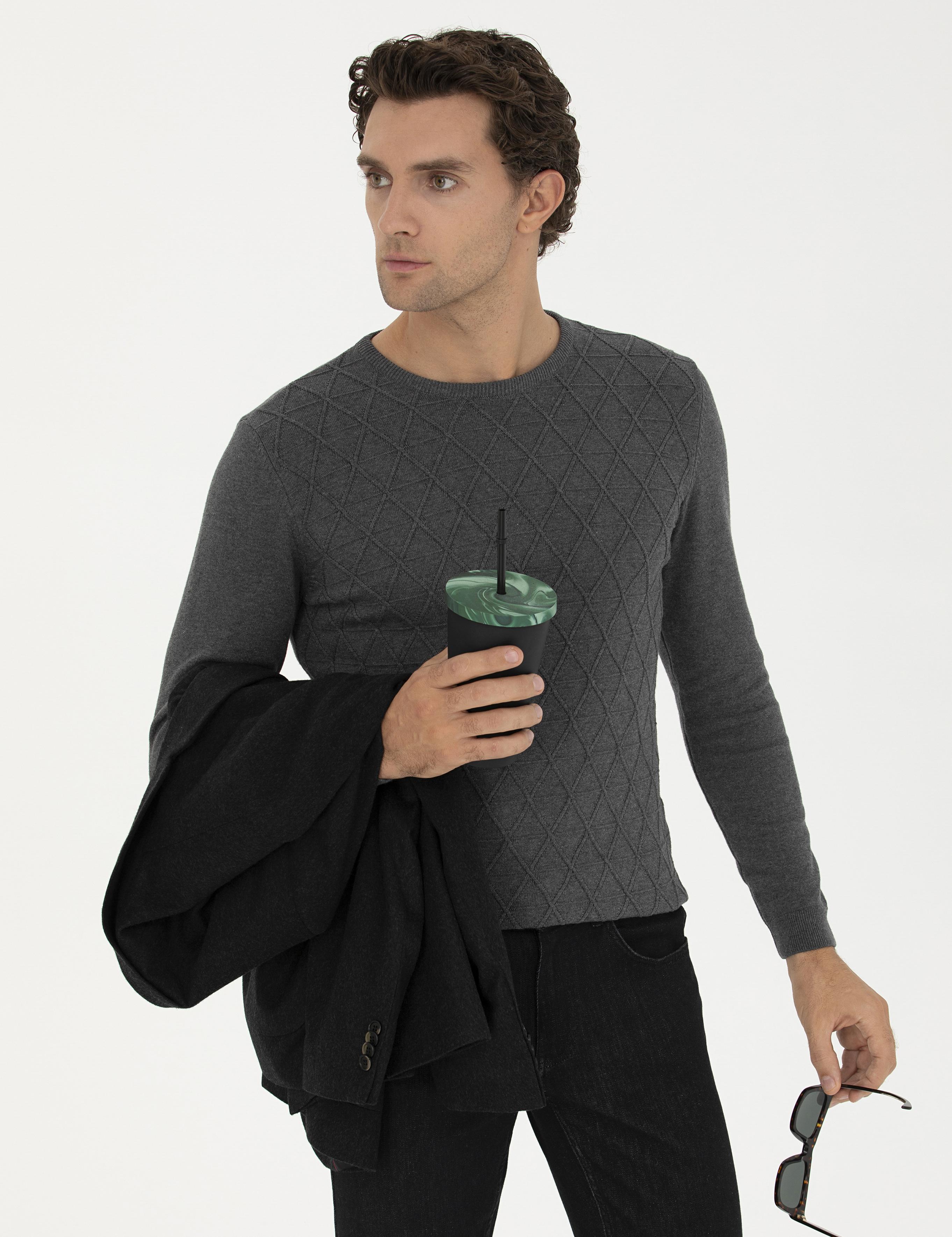 Gri Melanj Slim Fit Bisiklet Yaka Triko Kazak - 50234962031