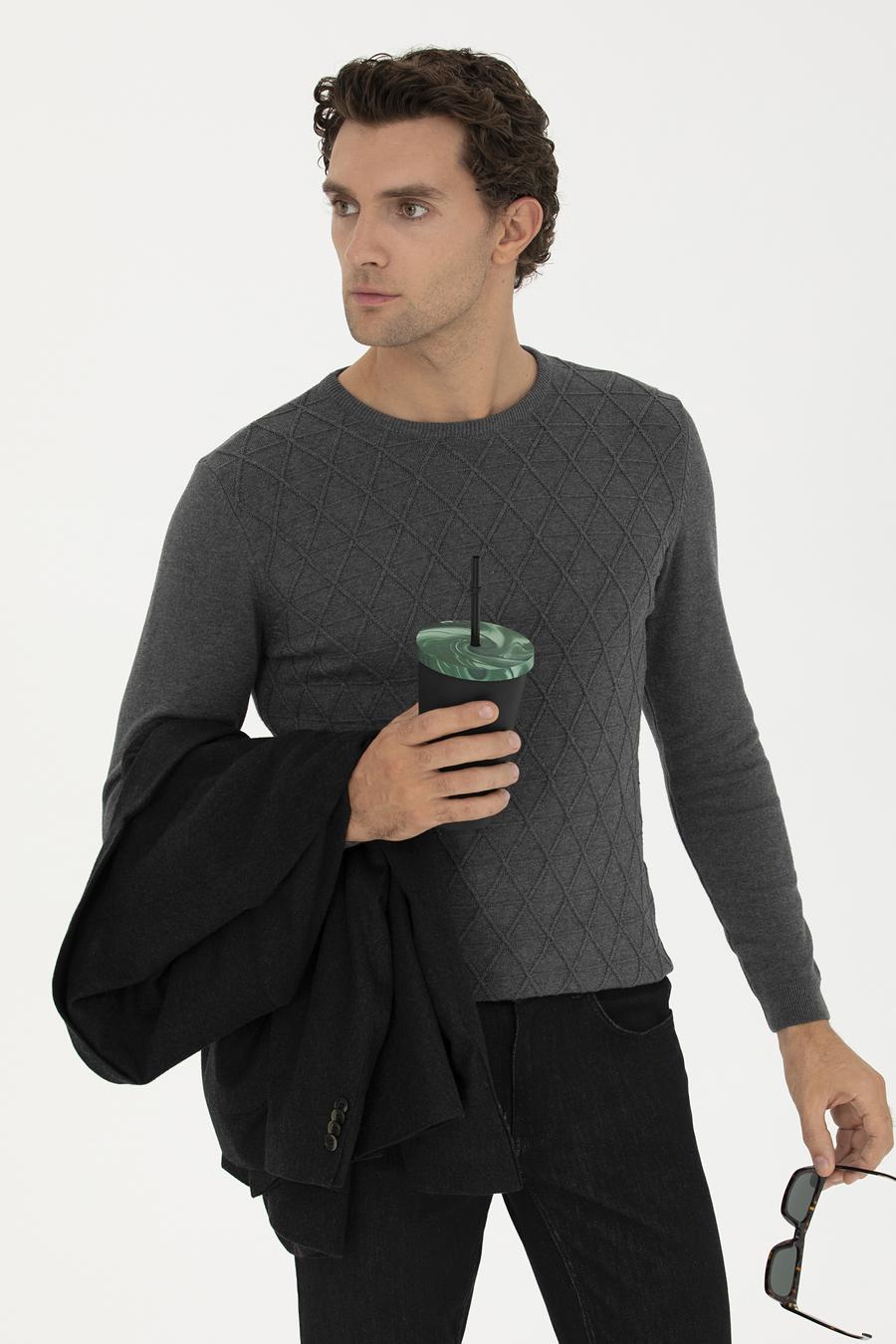 Gri Melanj Slim Fit Bisiklet Yaka Triko Kazak - 50234962031