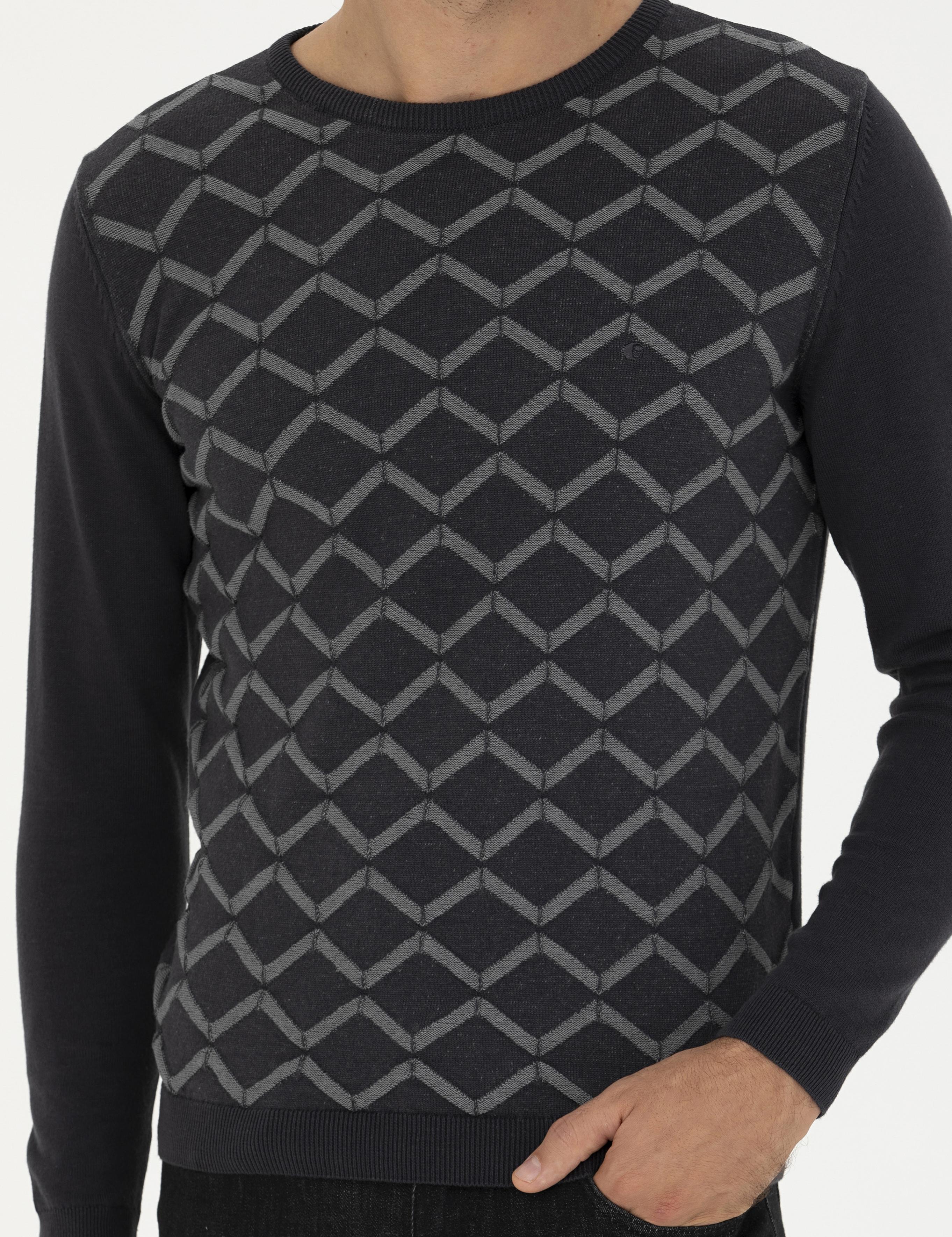 Antrasit Slim Fit %100 Pamuk Bisiklet Yaka Triko Kazak - 50234971008