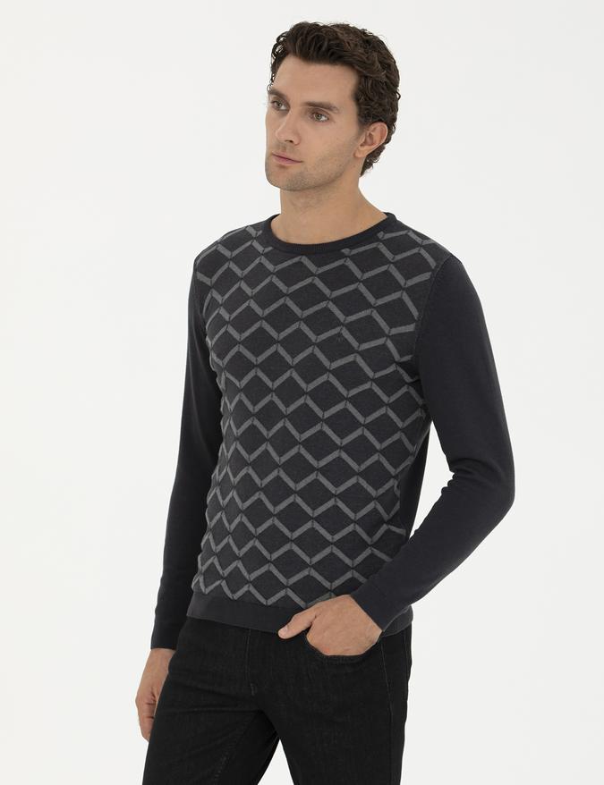 Antrasit Slim Fit %100 Pamuk Bisiklet Yaka Triko Kazak