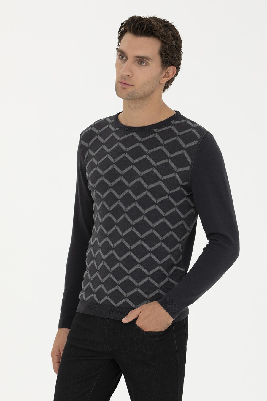 Antrasit Slim Fit %100 Pamuk Bisiklet Yaka Triko Kazak - 50234971008