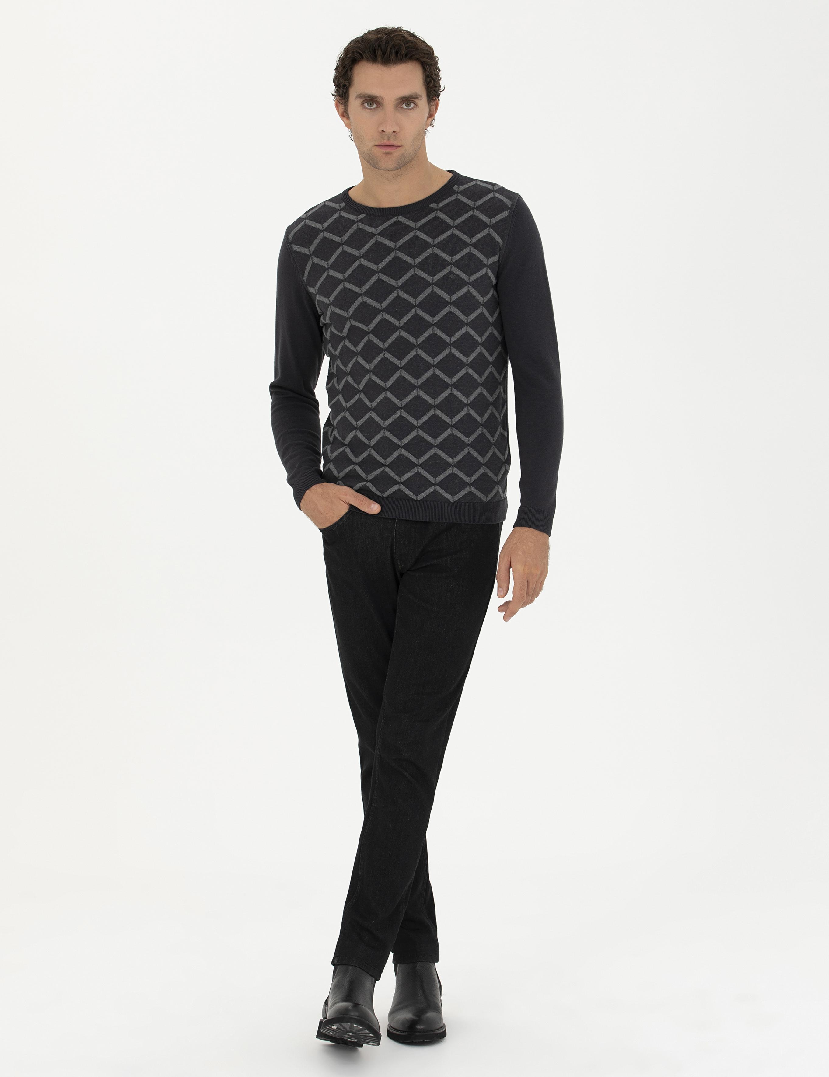 Antrasit Slim Fit %100 Pamuk Bisiklet Yaka Triko Kazak - 50234971008