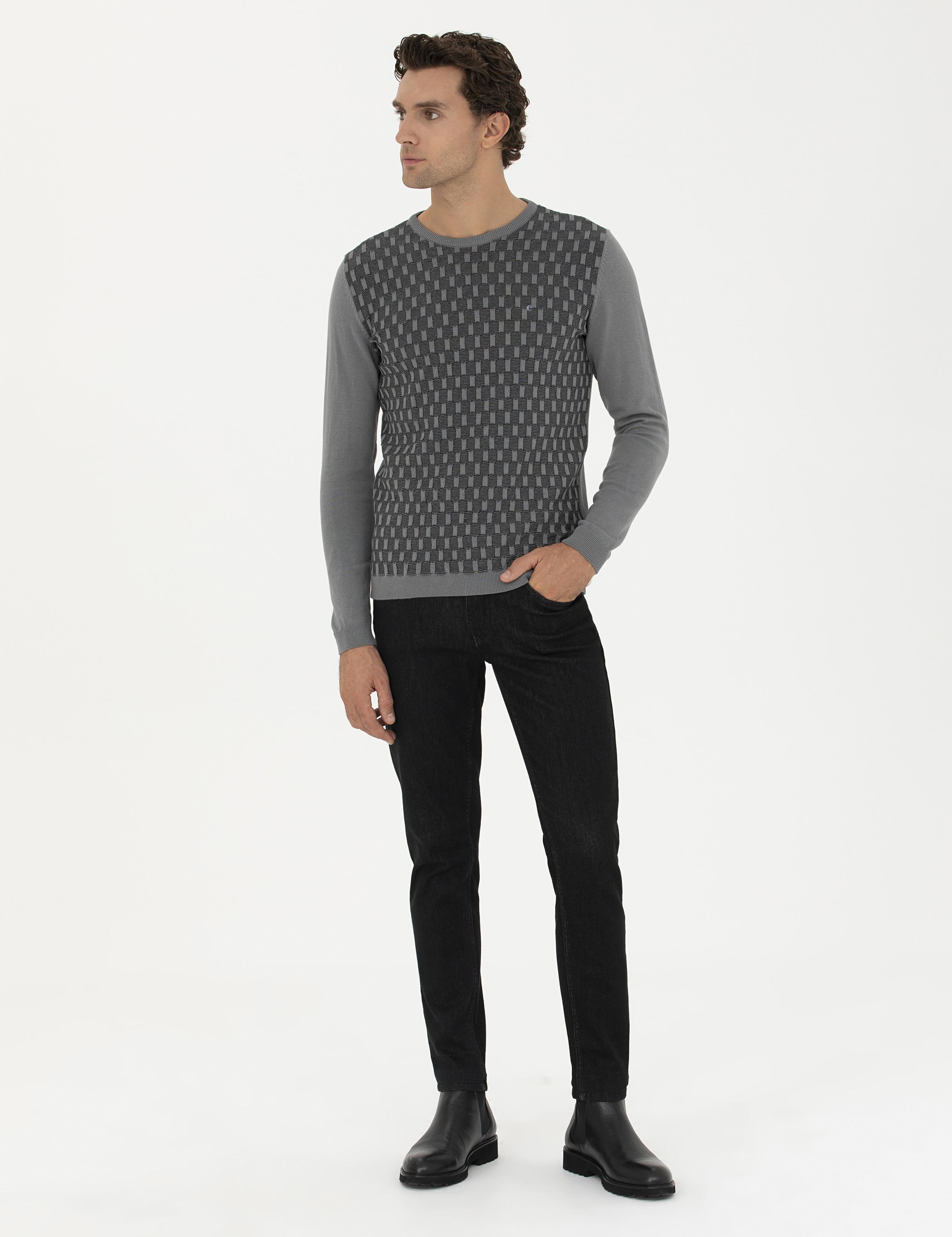 Gri Slim Fit %100 Pamuk Bisiklet Yaka Triko Kazak - 50234963017
