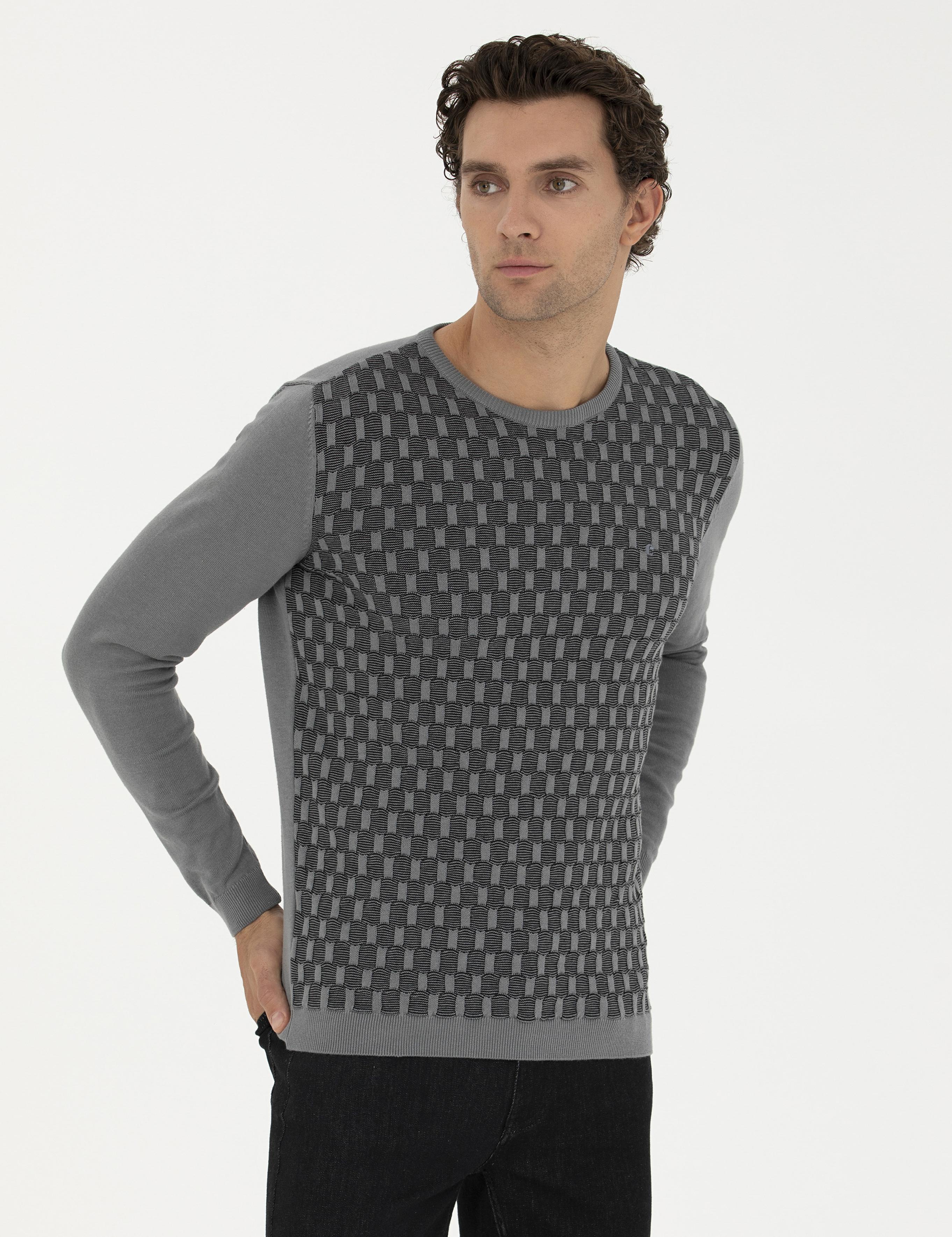 Gri Slim Fit %100 Pamuk Bisiklet Yaka Triko Kazak - 50234963017