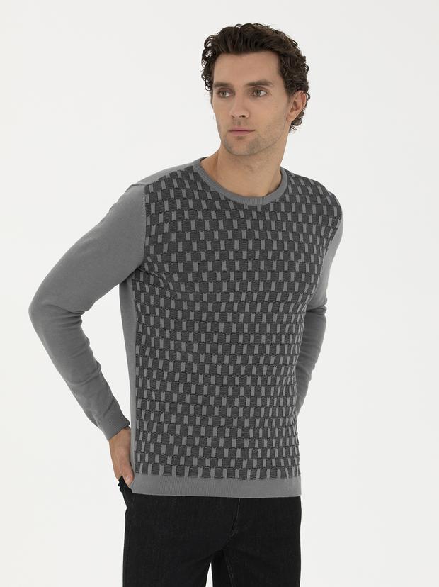 Gri Slim Fit Bisiklet Yaka Triko Kazak