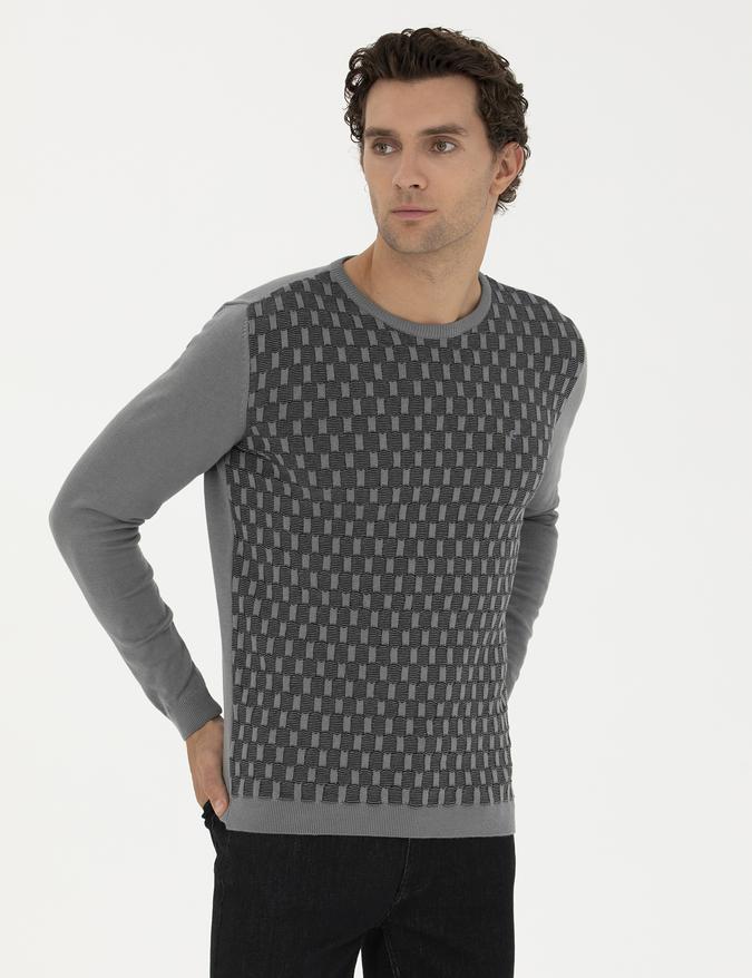 Gri Slim Fit %100 Pamuk Bisiklet Yaka Triko Kazak