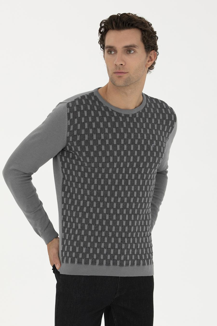Gri Slim Fit %100 Pamuk Bisiklet Yaka Triko Kazak - 50234963017