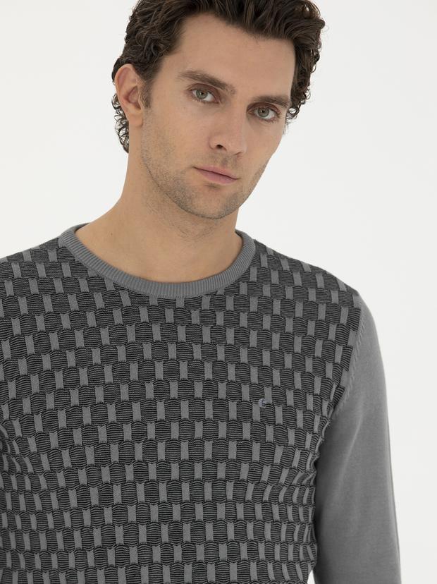Gri Slim Fit Bisiklet Yaka Triko Kazak