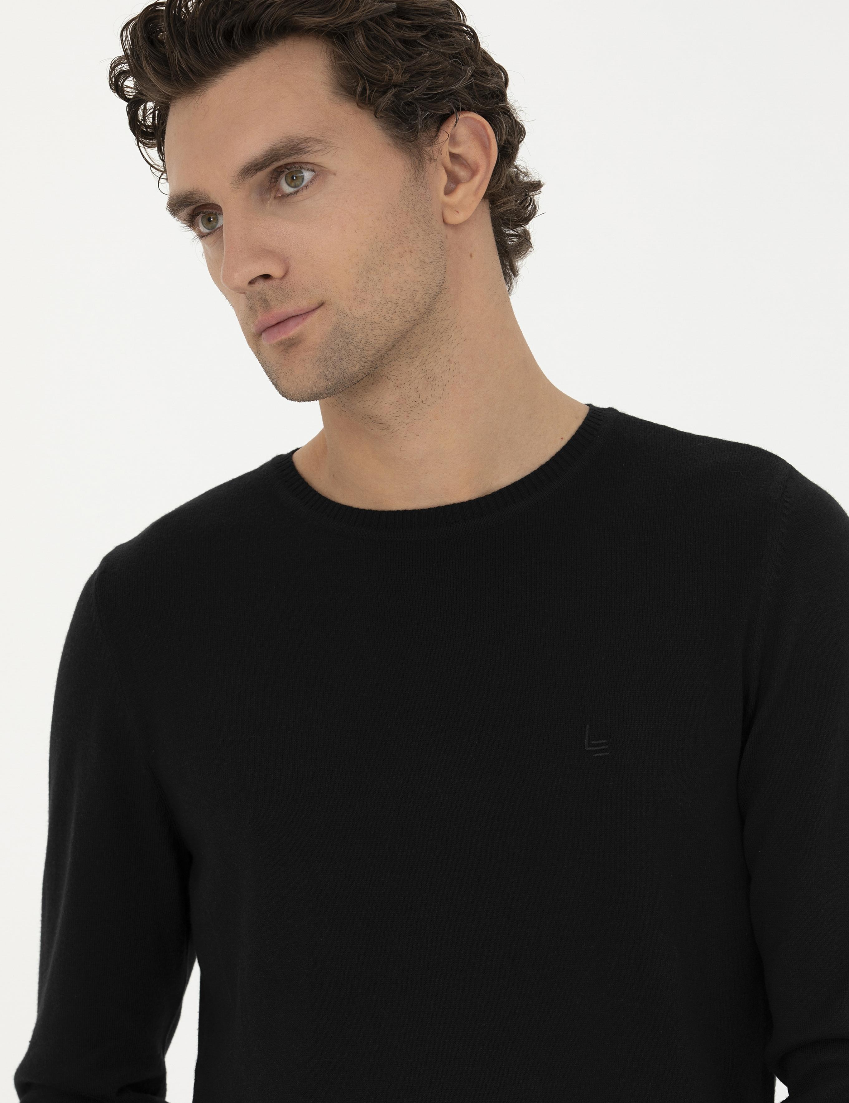 Siyah Slim Fit Pamuk Karışımlı Bisiklet Yaka Basic Triko Kazak - 50245040019