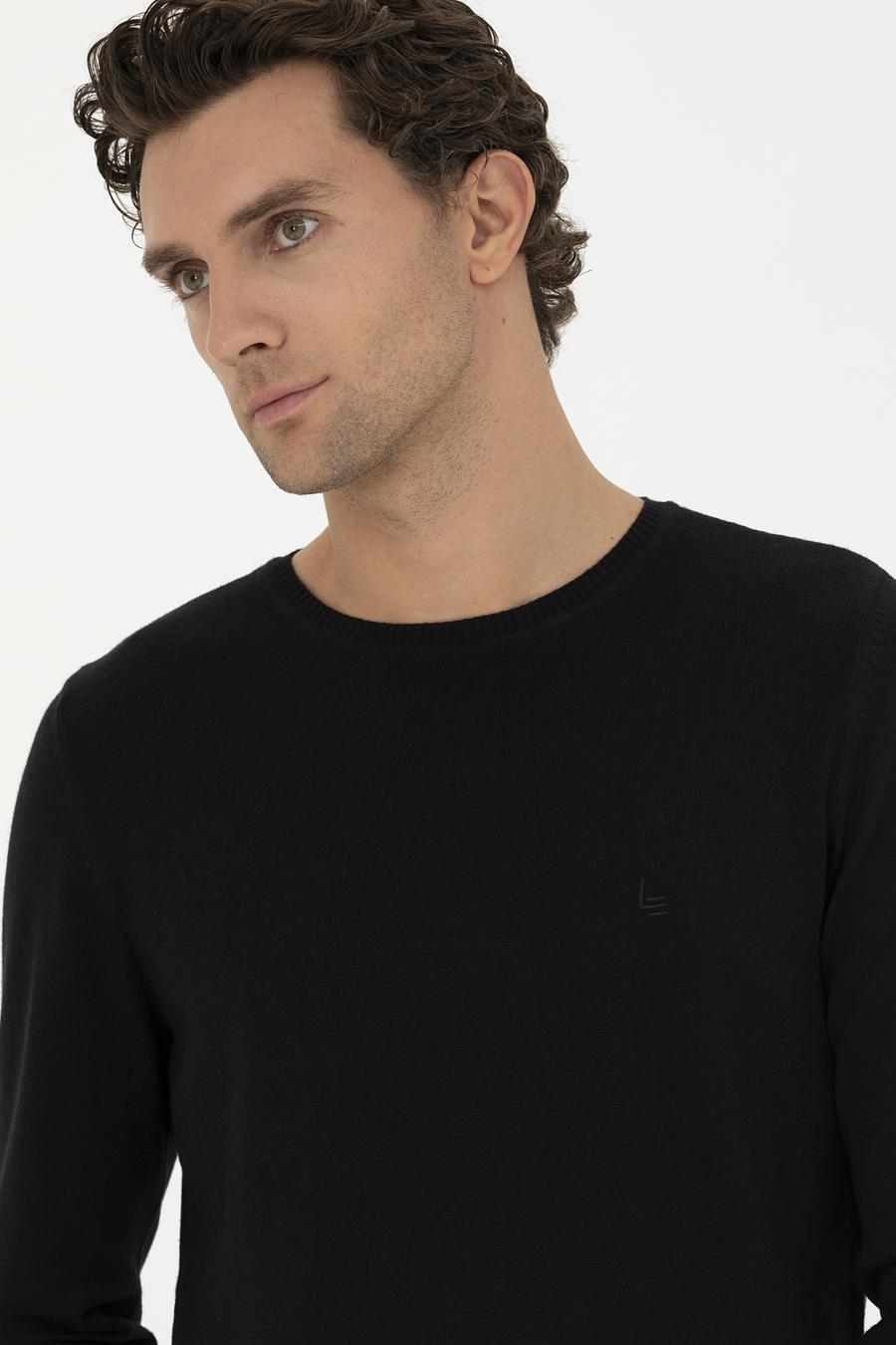 Siyah Slim Fit Pamuk Karışımlı Bisiklet Yaka Basic Triko Kazak - 50245040019