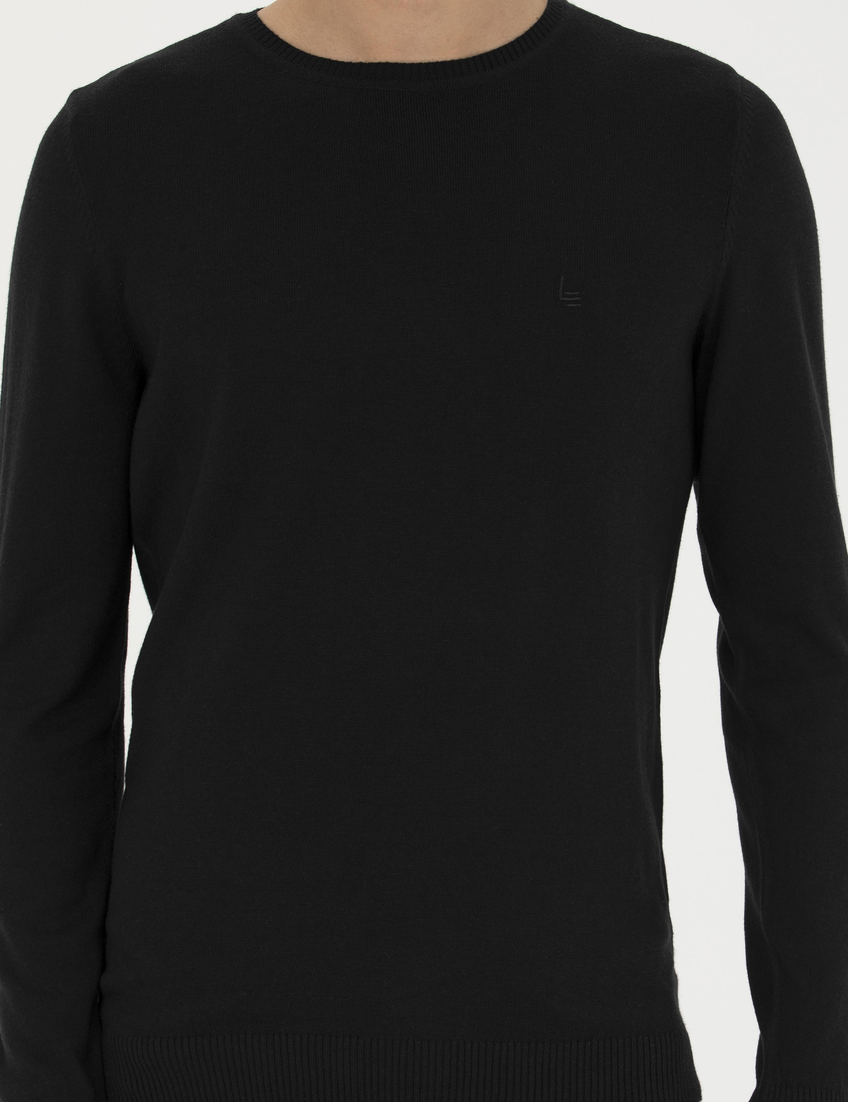 Siyah Slim Fit Pamuk Karışımlı Bisiklet Yaka Basic Triko Kazak - 50245040019
