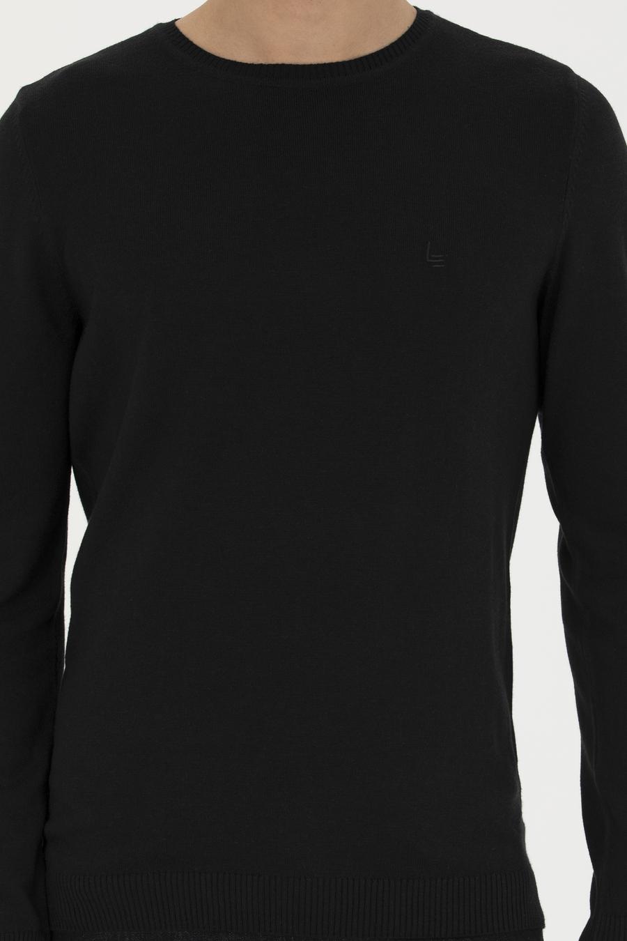 Siyah Slim Fit Pamuk Karışımlı Bisiklet Yaka Basic Triko Kazak - 50245040019