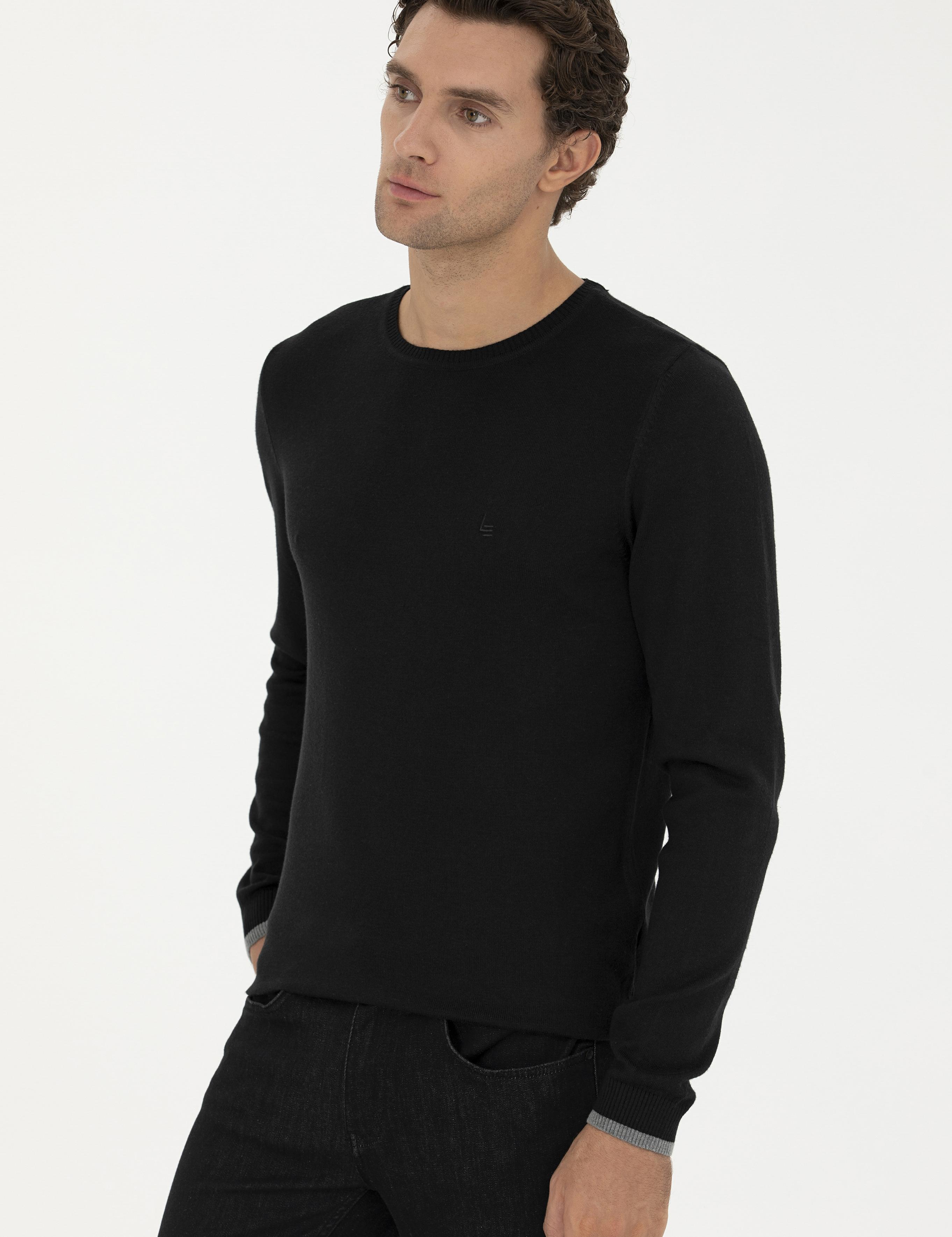 Siyah Slim Fit Pamuk Karışımlı Bisiklet Yaka Basic Triko Kazak - 50245040019