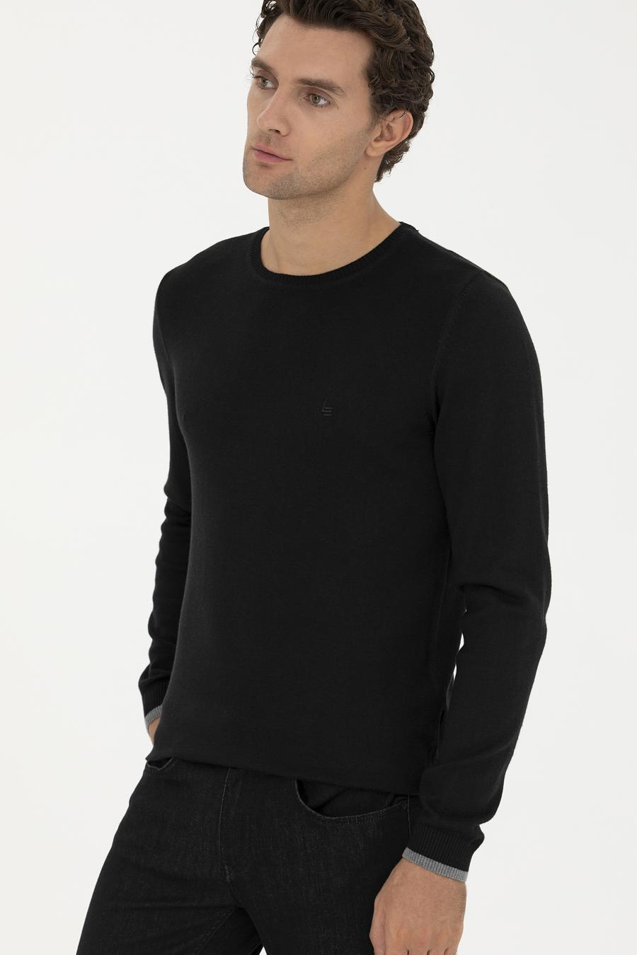 Siyah Slim Fit Pamuk Karışımlı Bisiklet Yaka Basic Triko Kazak - 50245040019