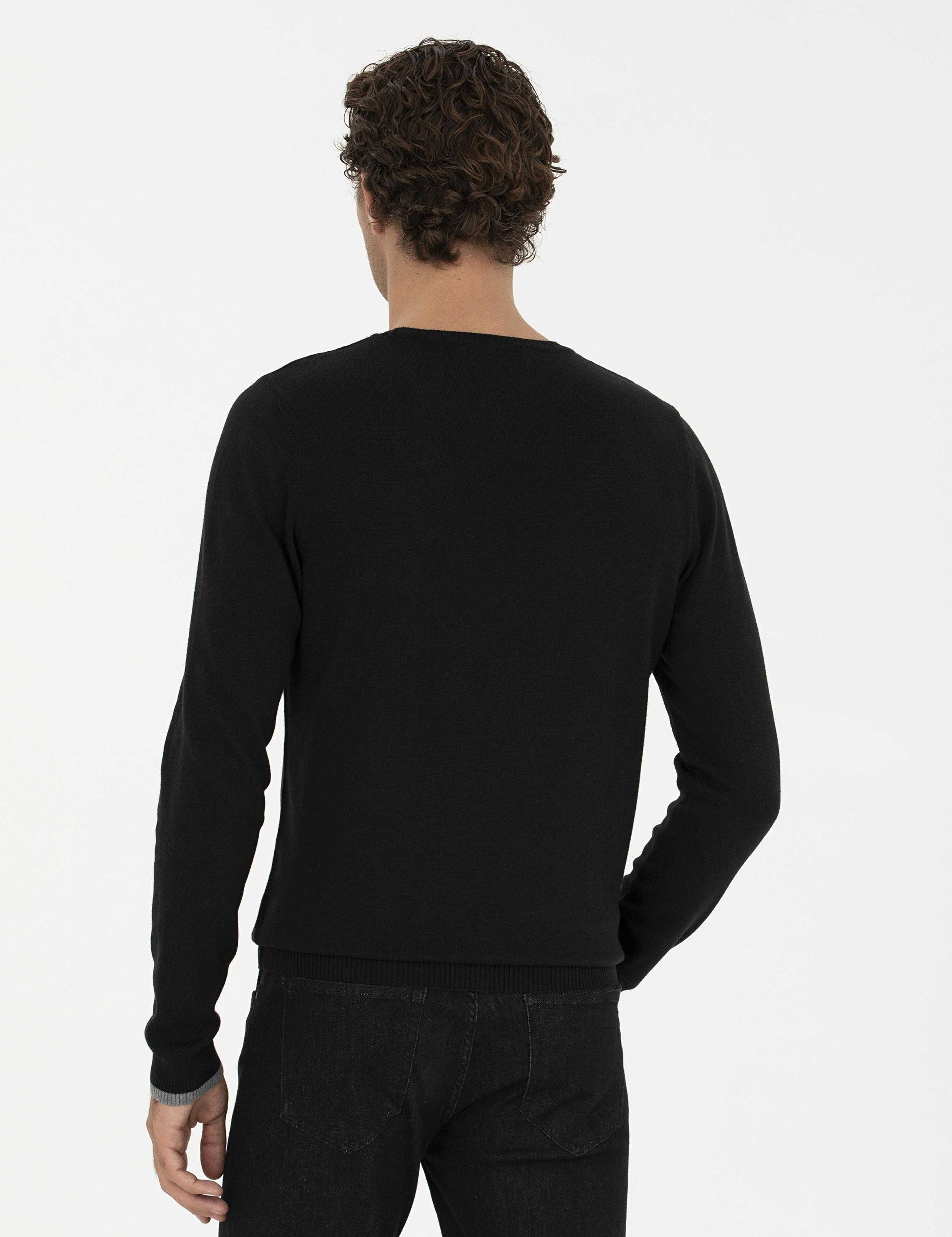 Siyah Slim Fit Pamuk Karışımlı Bisiklet Yaka Basic Triko Kazak - 50245040019
